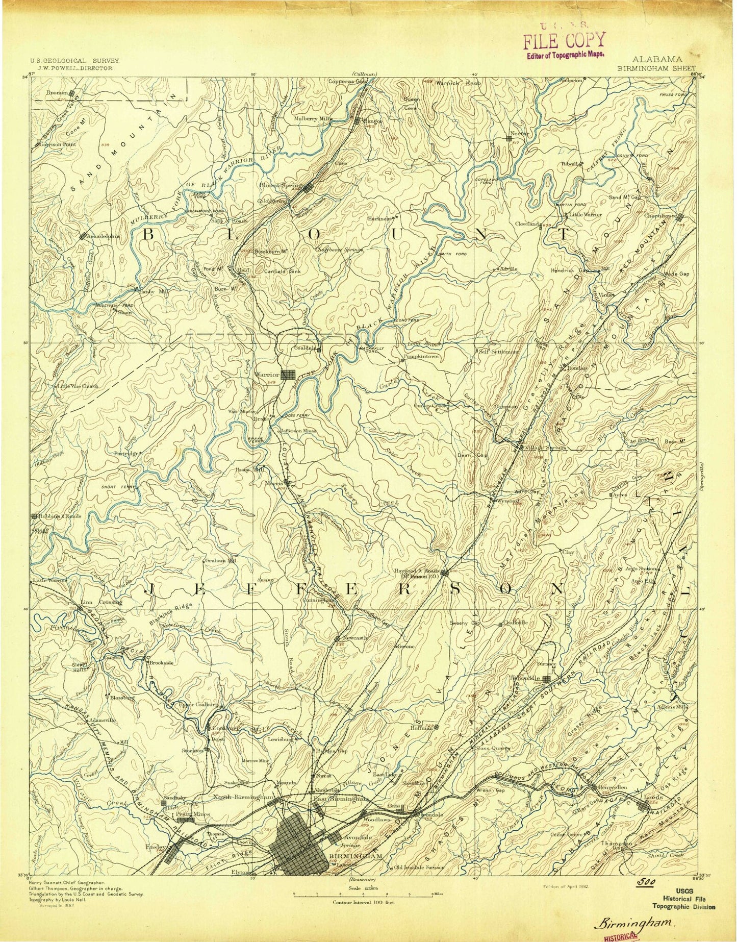 Historic 1892 Birmingham Alabama 30'x30' Topo Map Image