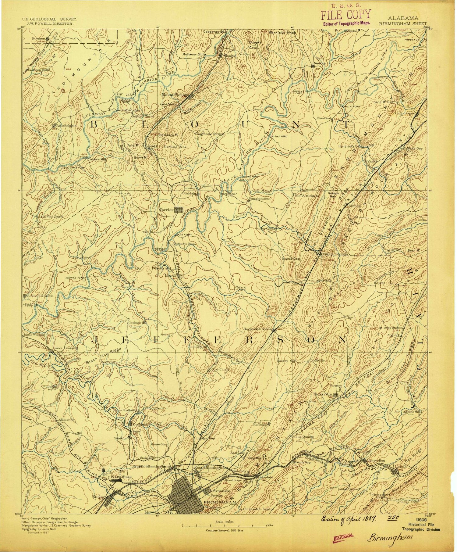 Historic 1889 Birmingham Alabama 30'x30' Topo Map Image