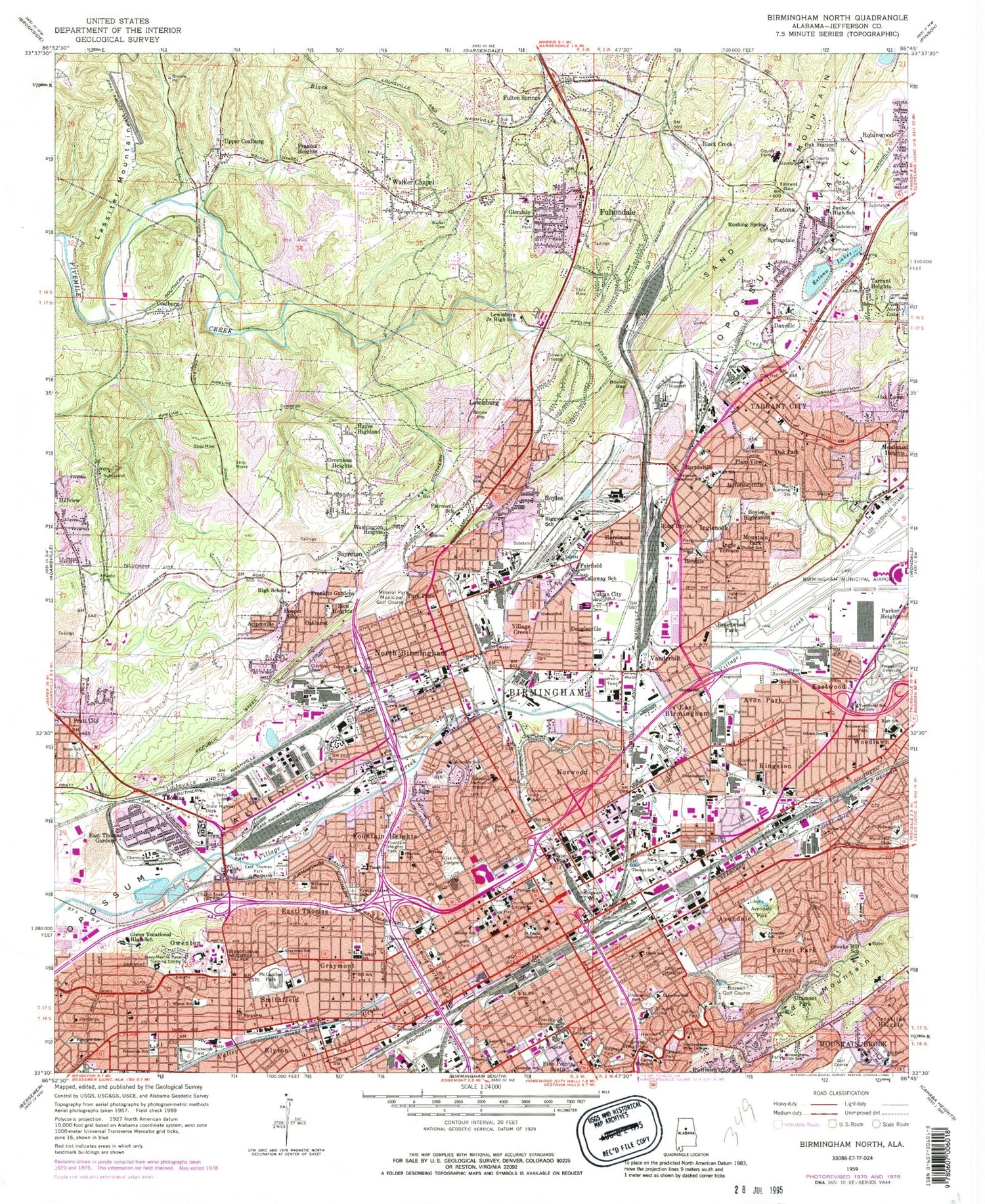 Classic USGS Birmingham North Alabama 7.5'x7.5' Topo Map Image