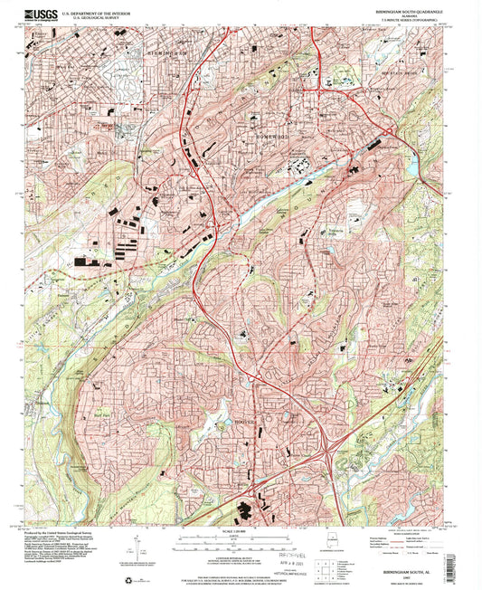 Classic USGS Birmingham South Alabama 7.5'x7.5' Topo Map Image