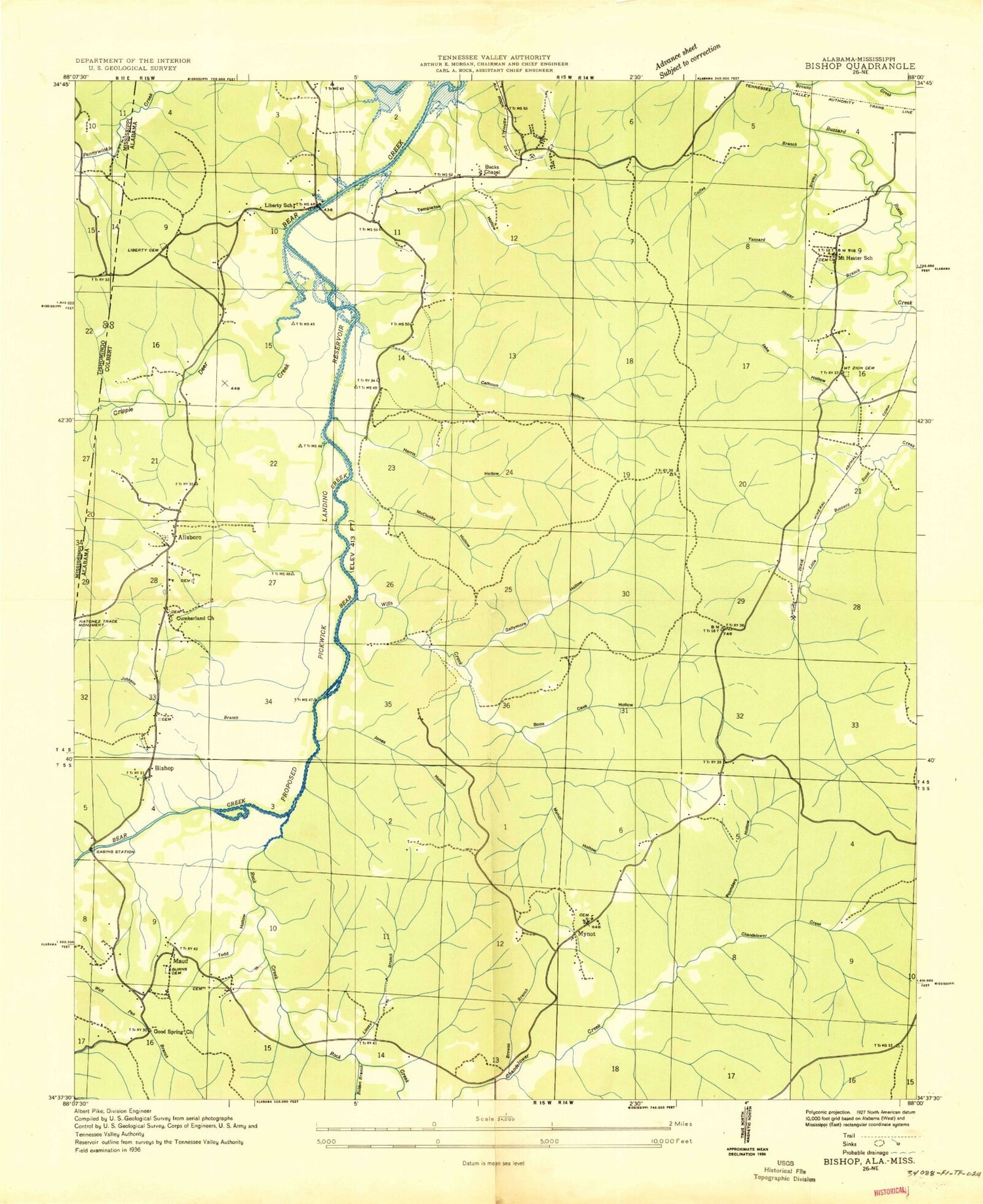 Classic USGS Bishop Alabama 7.5'x7.5' Topo Map Image