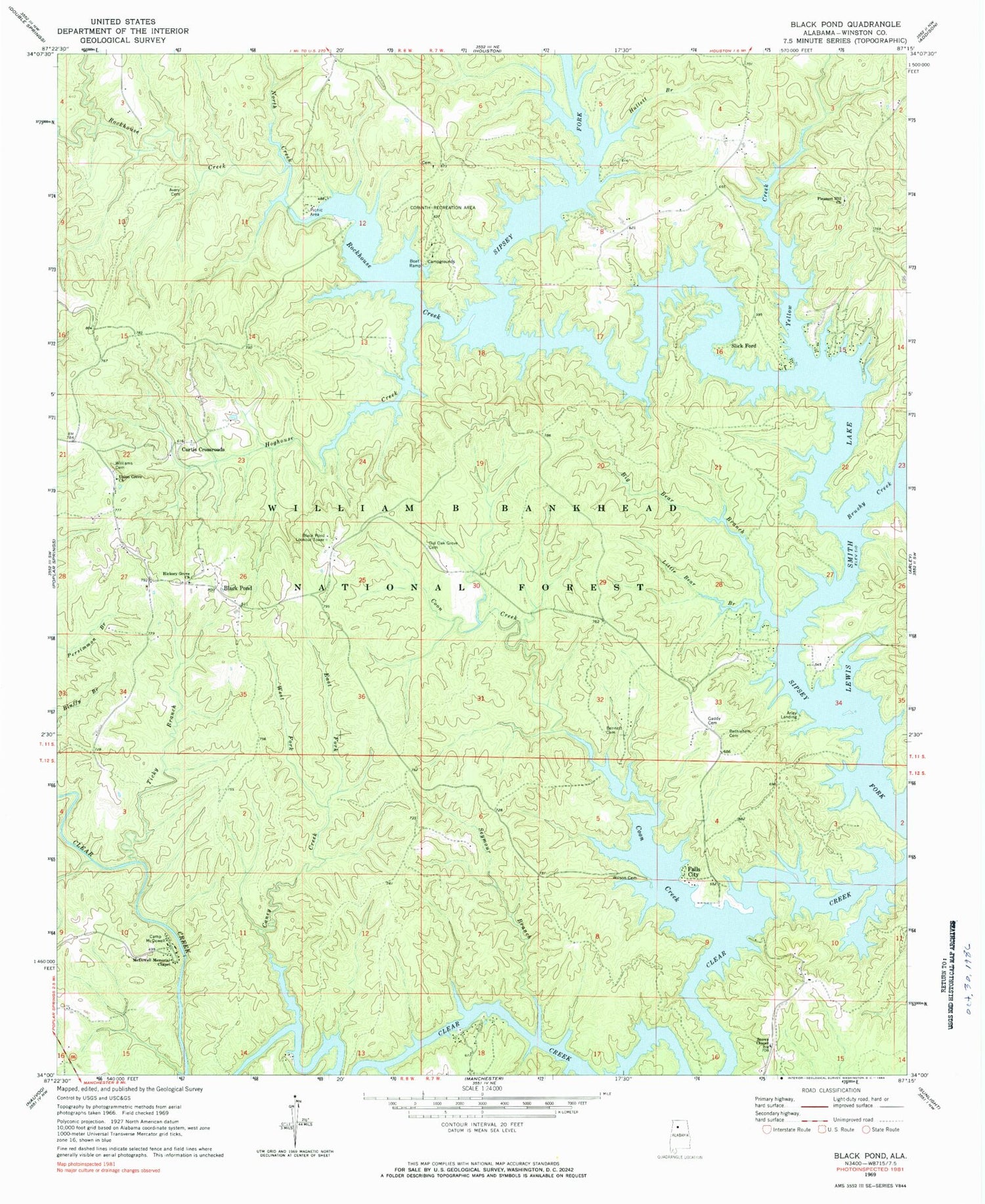 Classic USGS Black Pond Alabama 7.5'x7.5' Topo Map Image