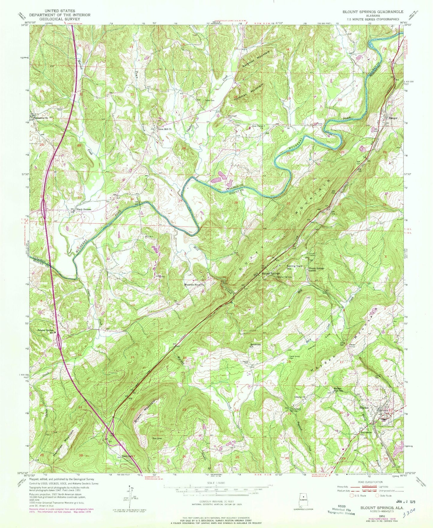 Classic USGS Blount Springs Alabama 7.5'x7.5' Topo Map Image