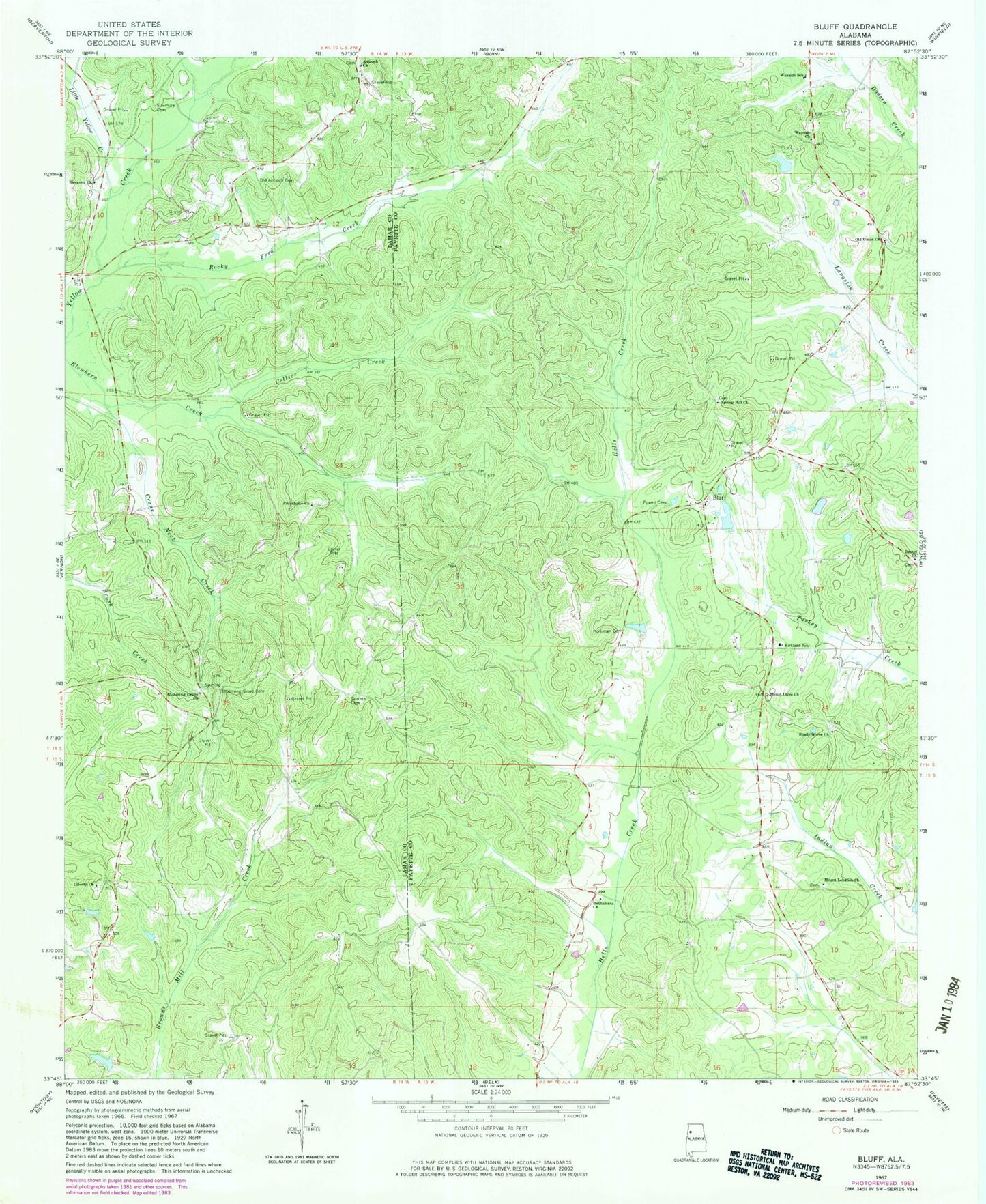 Classic USGS Bluff Alabama 7.5'x7.5' Topo Map Image