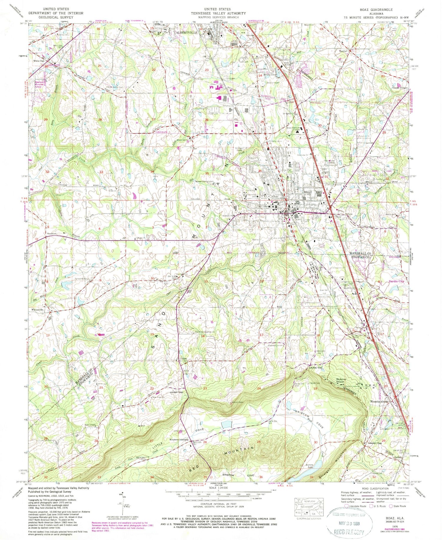 Classic USGS Boaz Alabama 7.5'x7.5' Topo Map Image