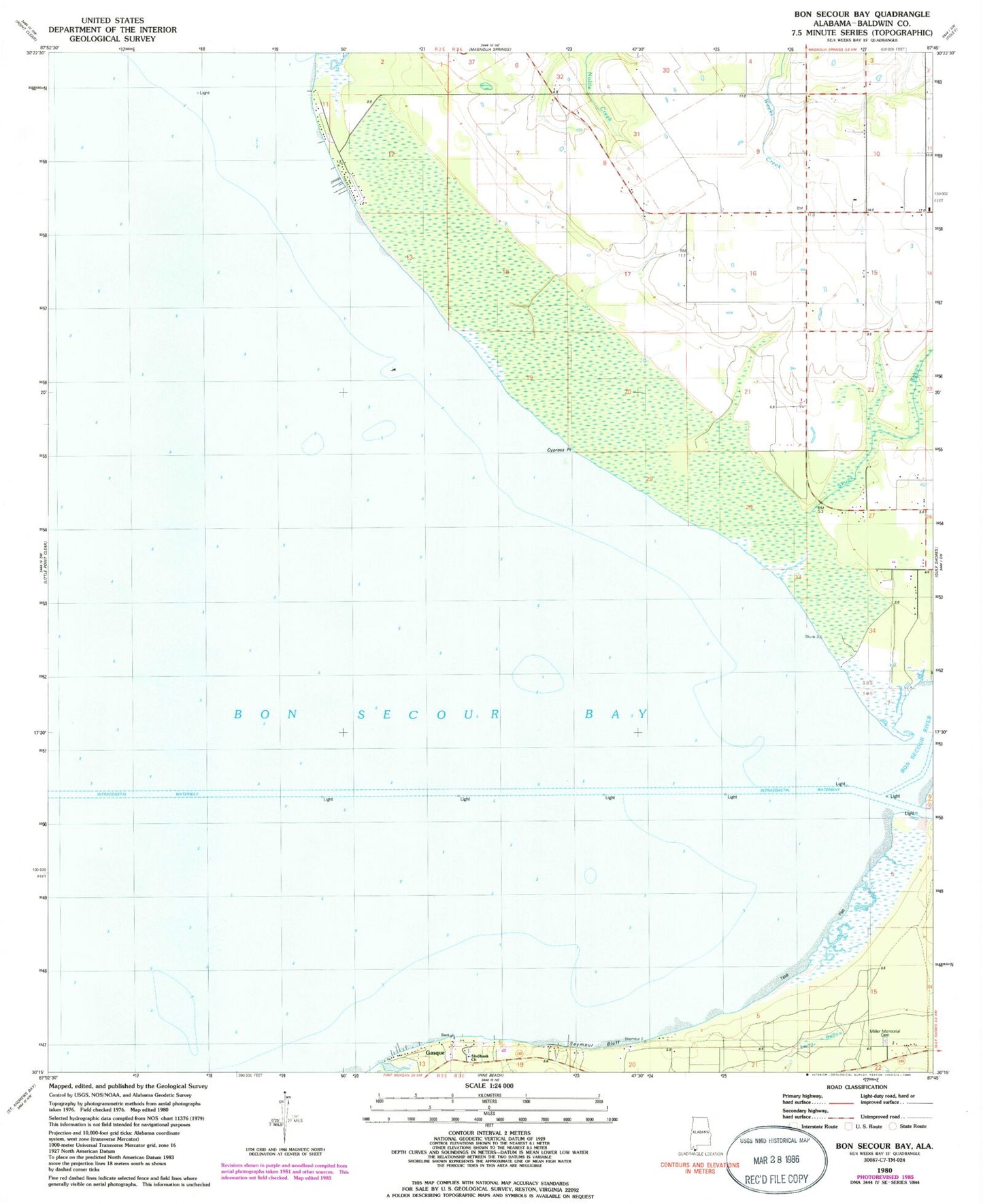 Classic USGS Bon Secour Bay Alabama 7.5'x7.5' Topo Map Image