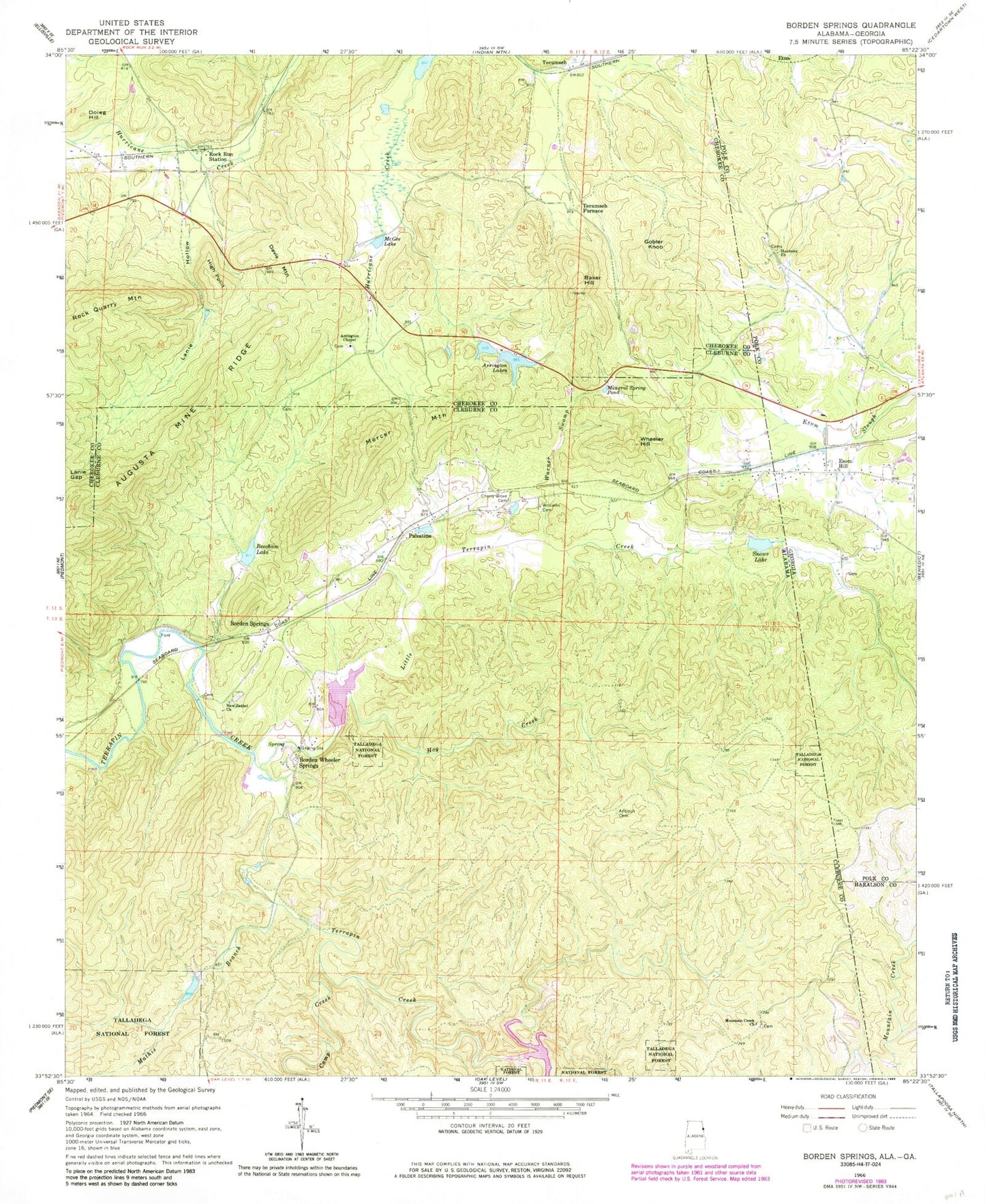 Classic USGS Borden Springs Alabama 7.5'x7.5' Topo Map Image