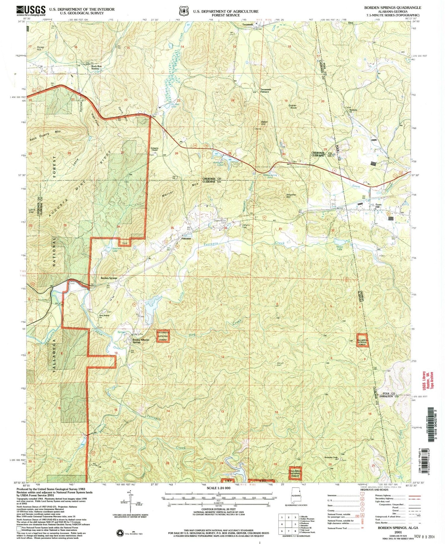 Classic USGS Borden Springs Alabama 7.5'x7.5' Topo Map Image