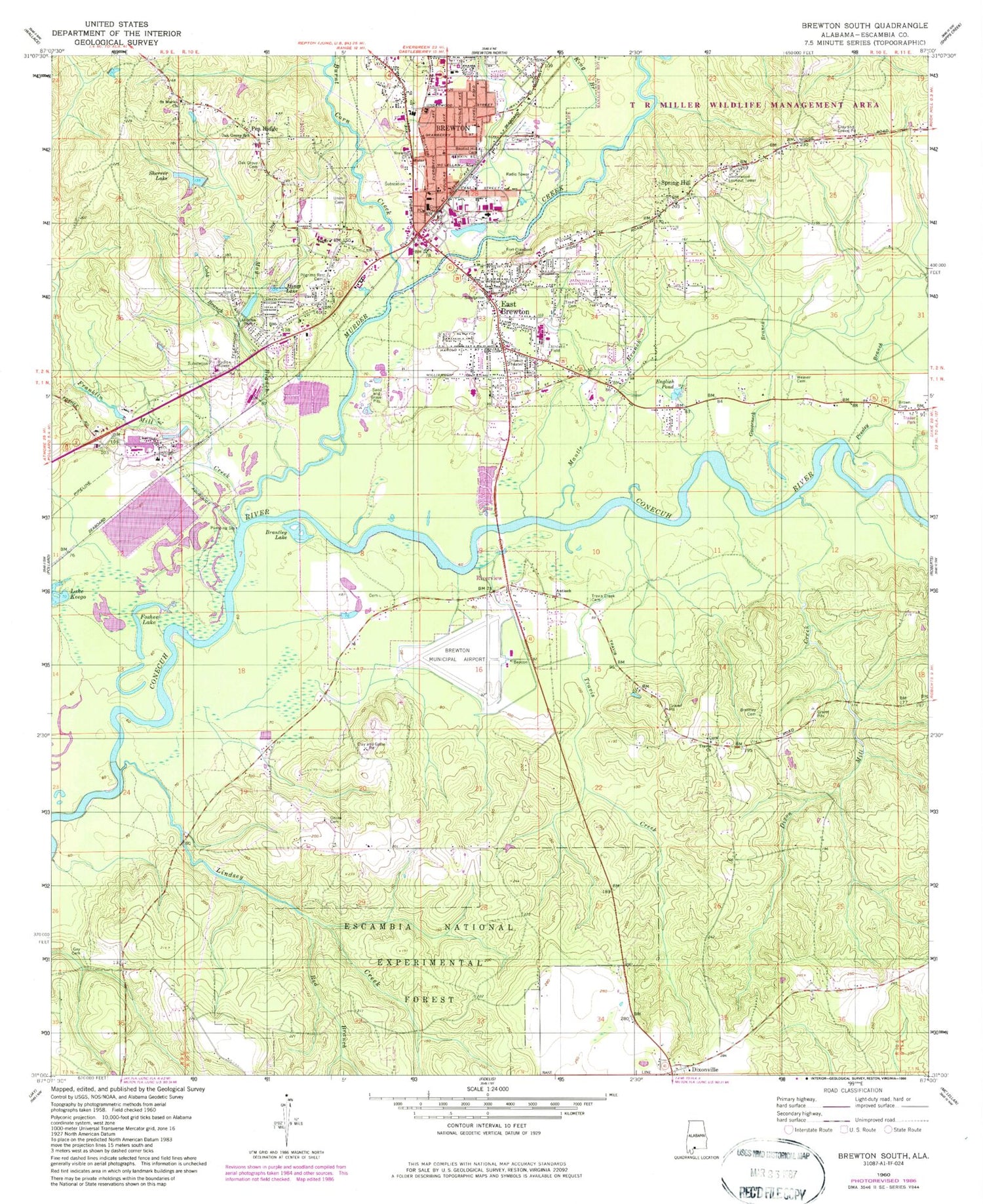 Classic USGS Brewton South Alabama 7.5'x7.5' Topo Map Image