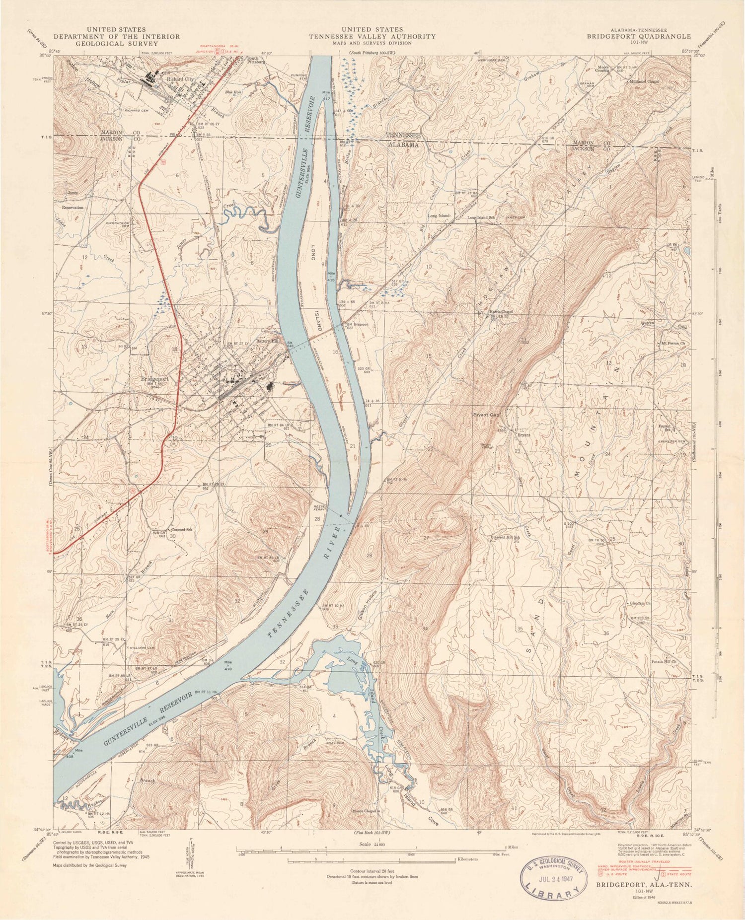 Classic USGS Bridgeport Alabama 7.5'x7.5' Topo Map Image
