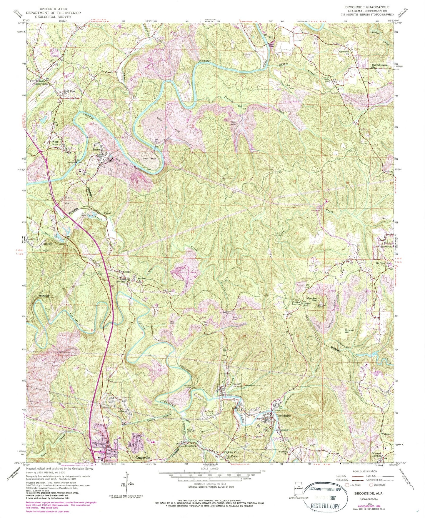 Classic USGS Brookside Alabama 7.5'x7.5' Topo Map Image