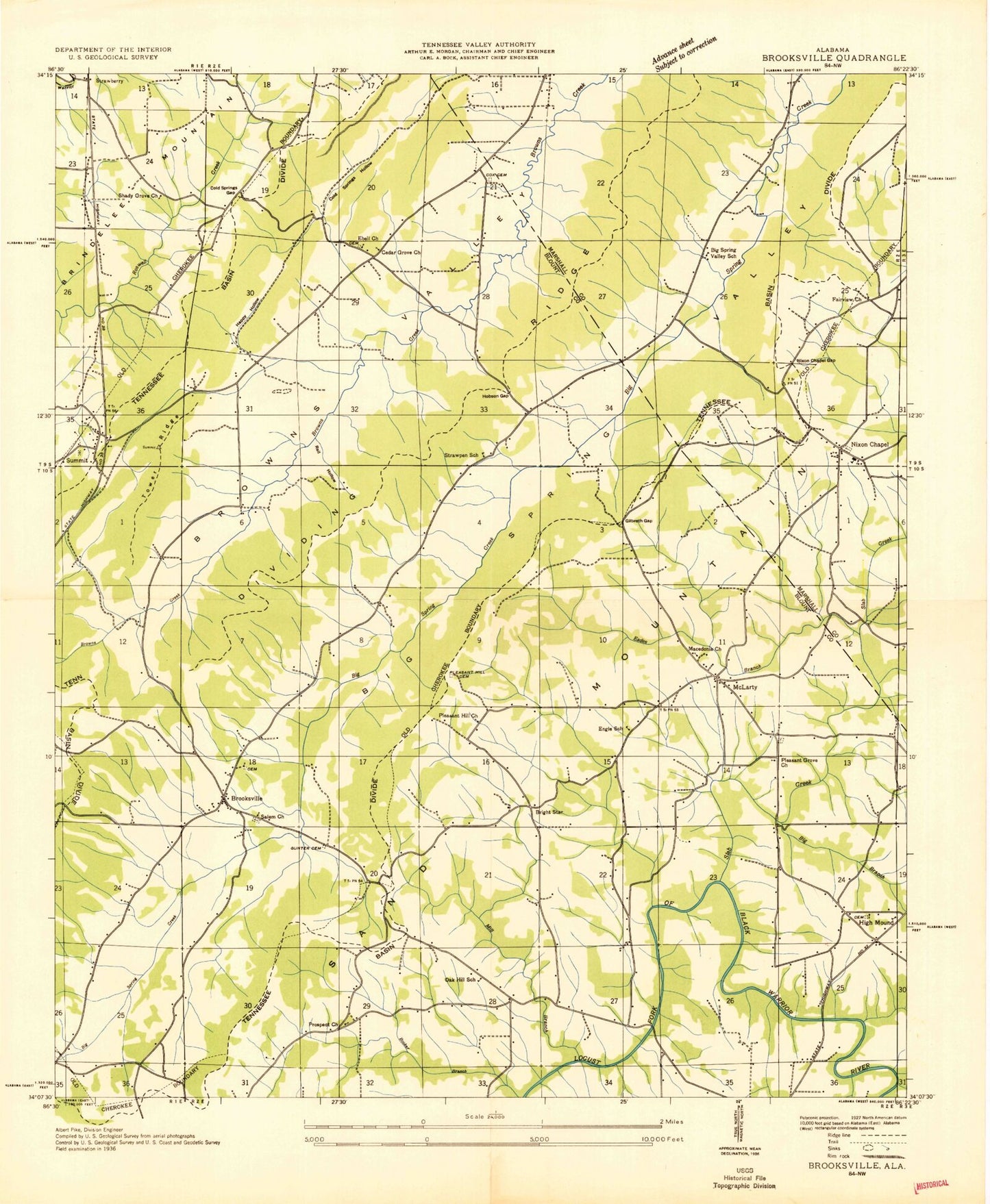 Classic USGS Brooksville Alabama 7.5'x7.5' Topo Map Image