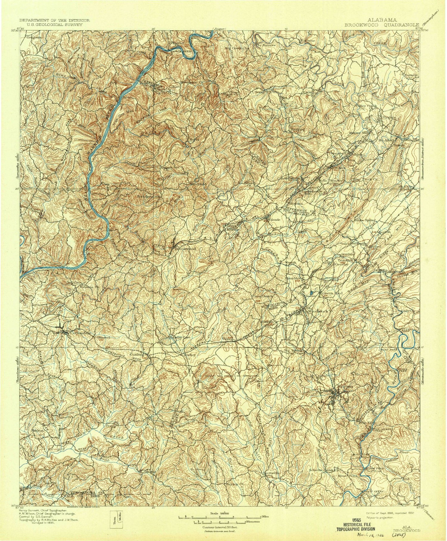 Historic 1899 Brookwood Alabama 30'x30' Topo Map Image