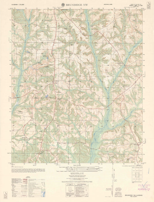 Classic USGS Brundidge NW Alabama 7.5'x7.5' Topo Map Image