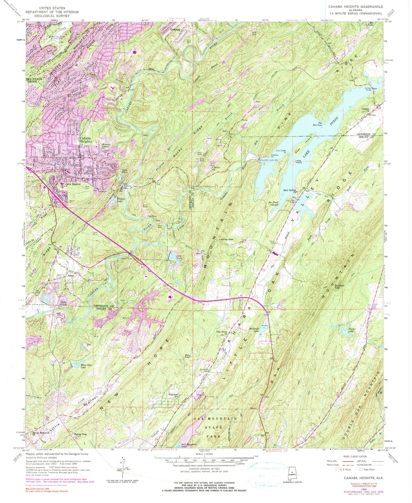 Classic USGS Cahaba Heights Alabama 7.5'x7.5' Topo Map Image