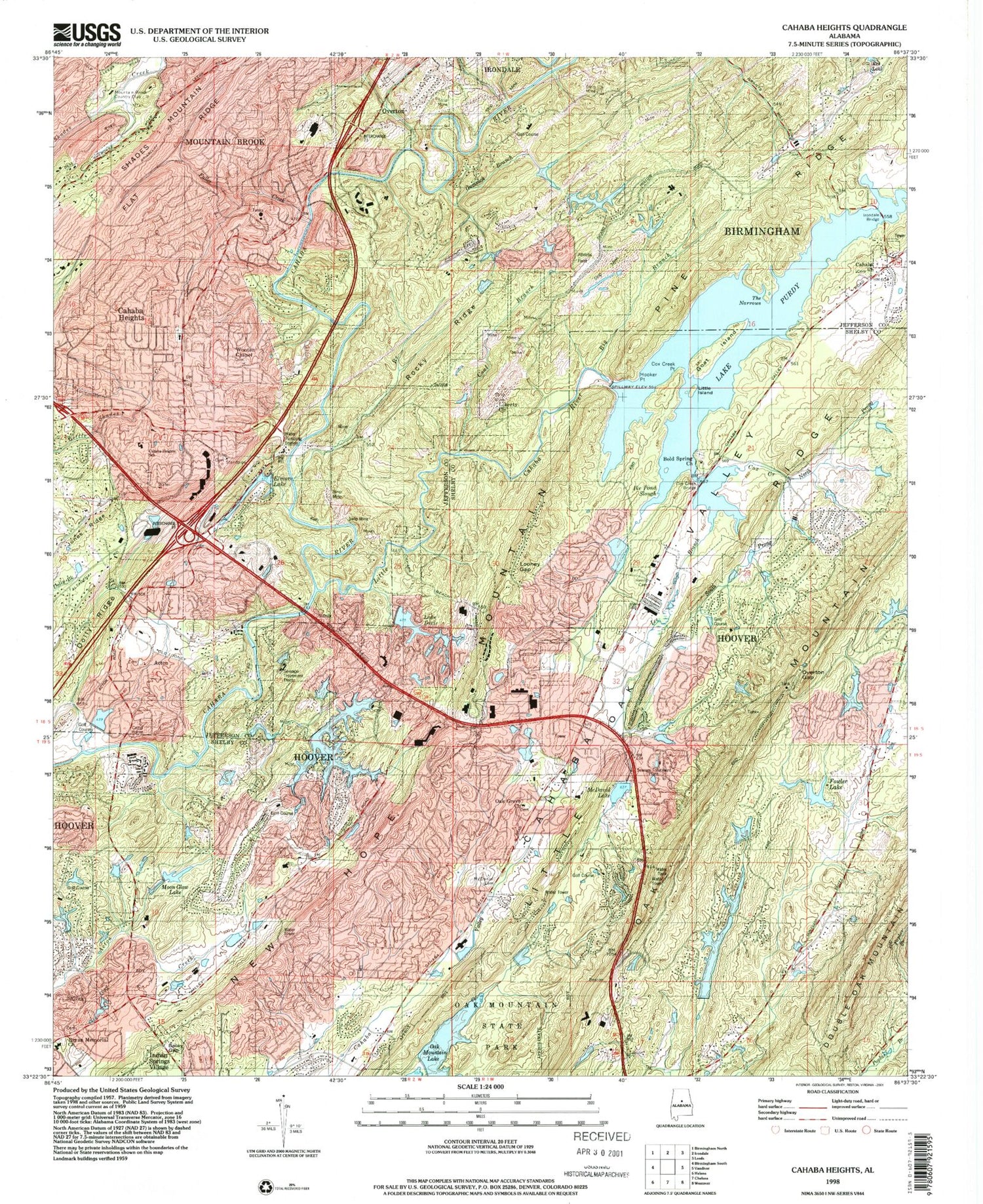 Classic USGS Cahaba Heights Alabama 7.5'x7.5' Topo Map Image