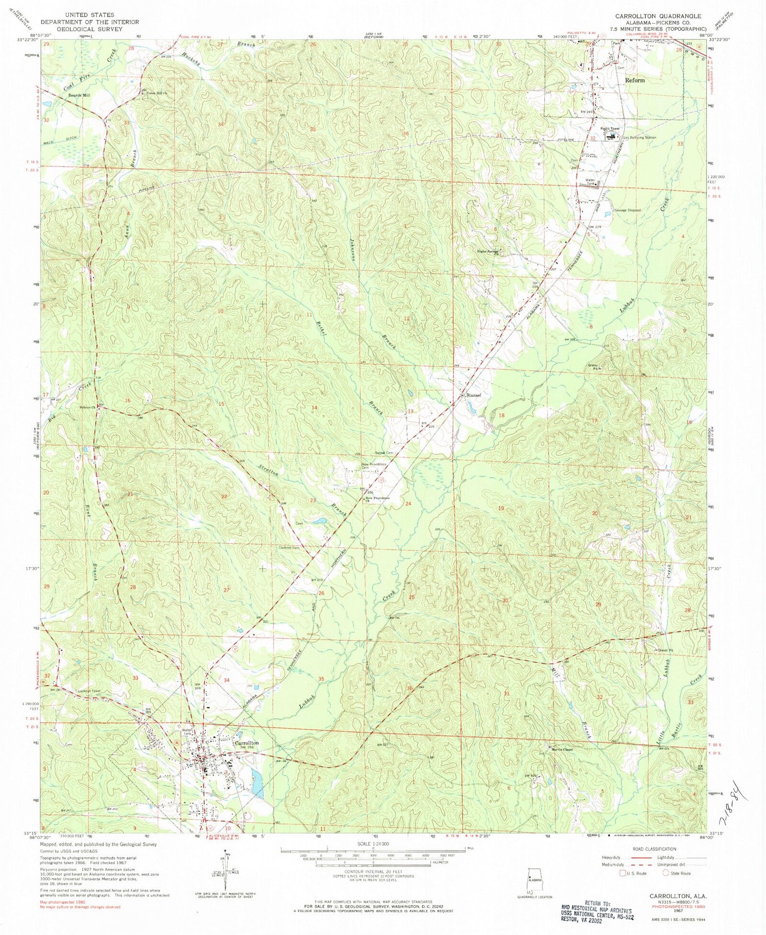 Classic USGS Carrollton Alabama 7.5'x7.5' Topo Map Image