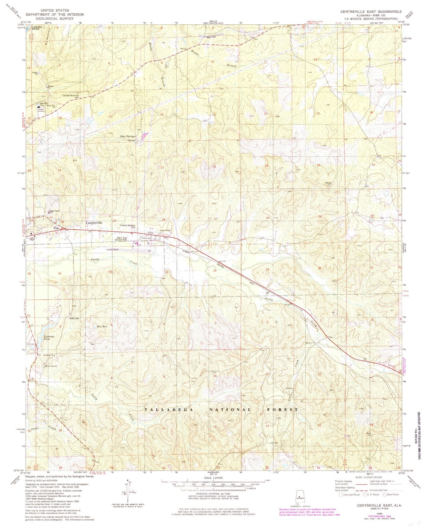 Classic USGS Centreville East Alabama 7.5'x7.5' Topo Map Image