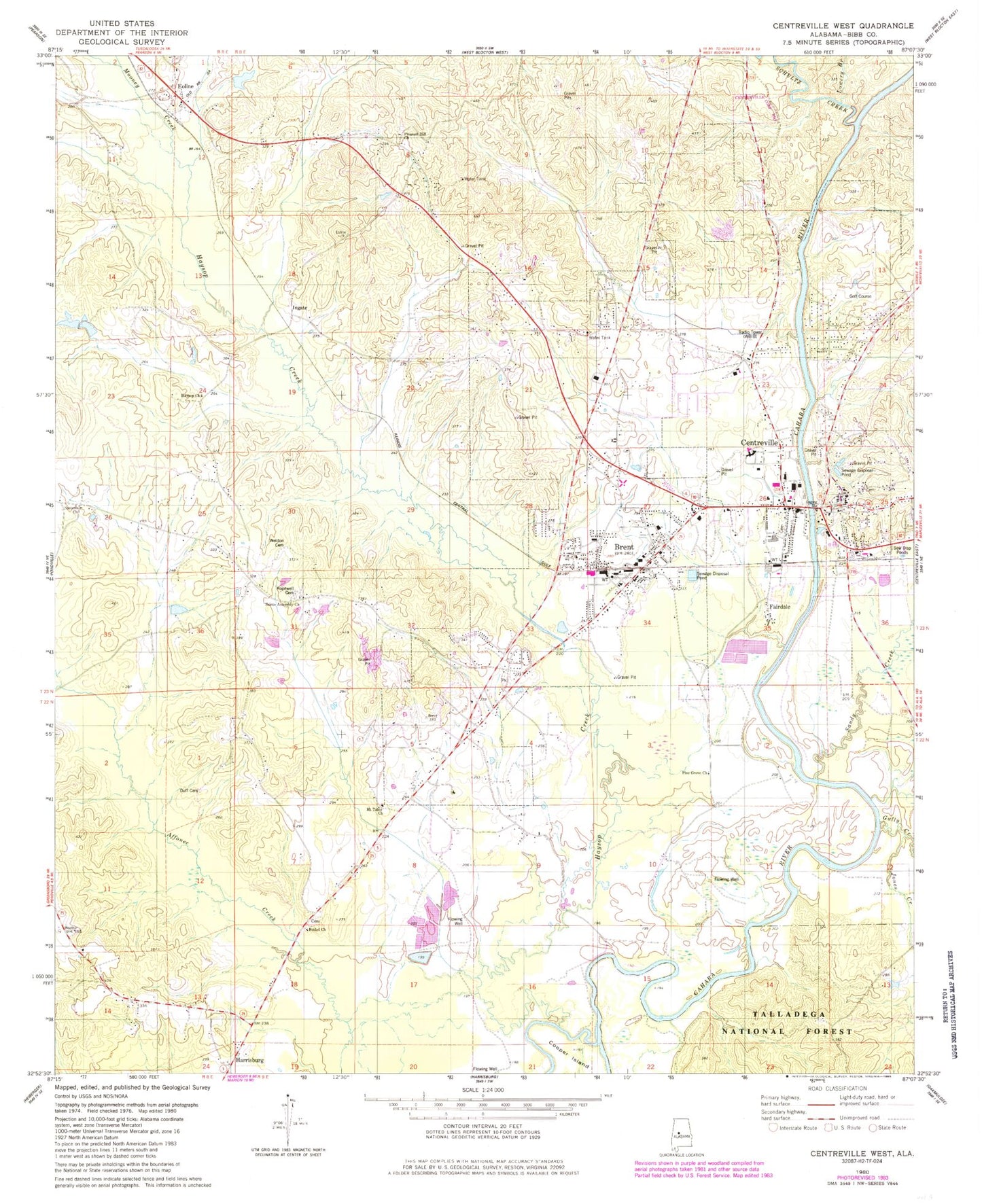 Classic USGS Centreville West Alabama 7.5'x7.5' Topo Map Image