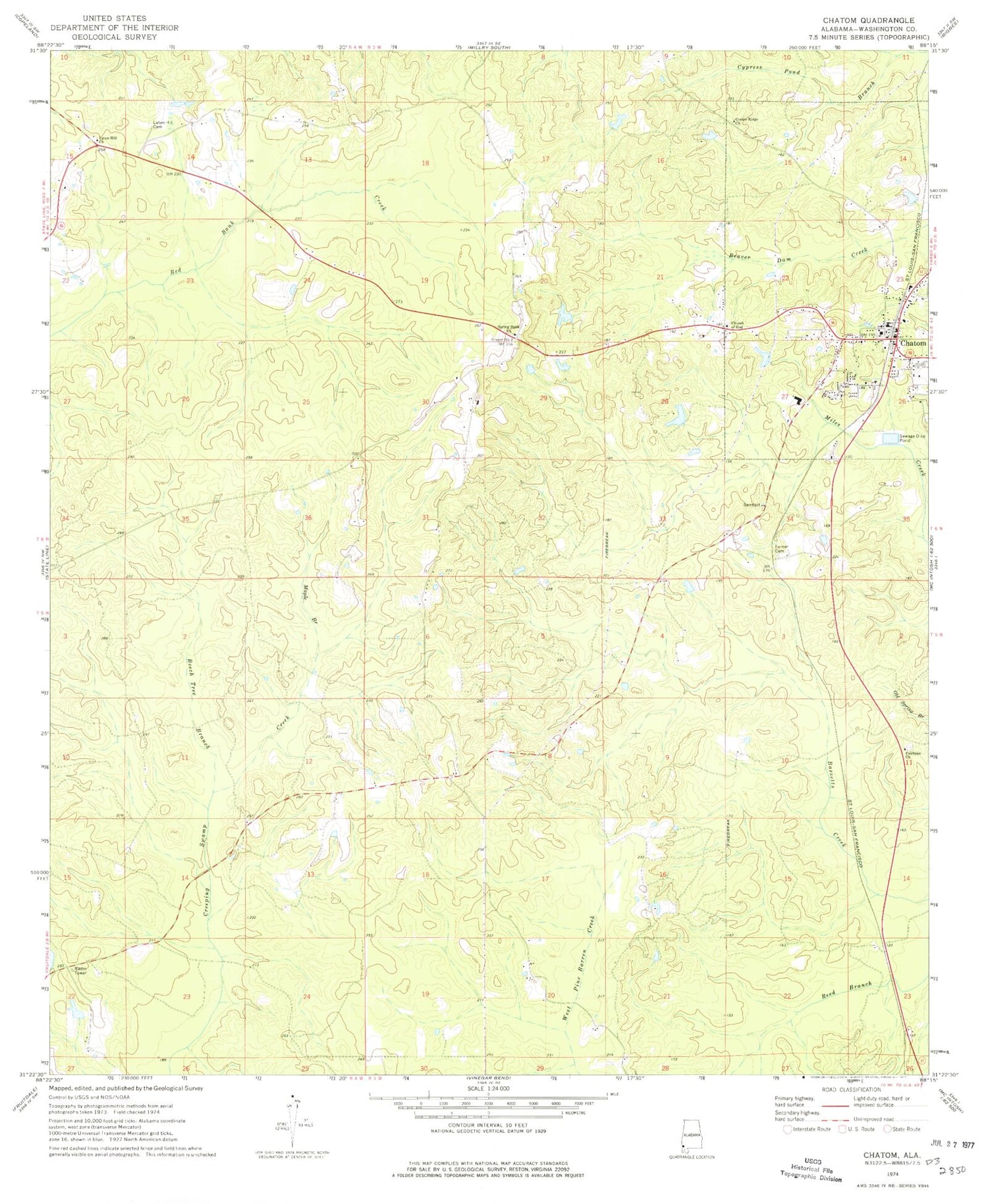 Classic USGS Chatom Alabama 7.5'x7.5' Topo Map Image