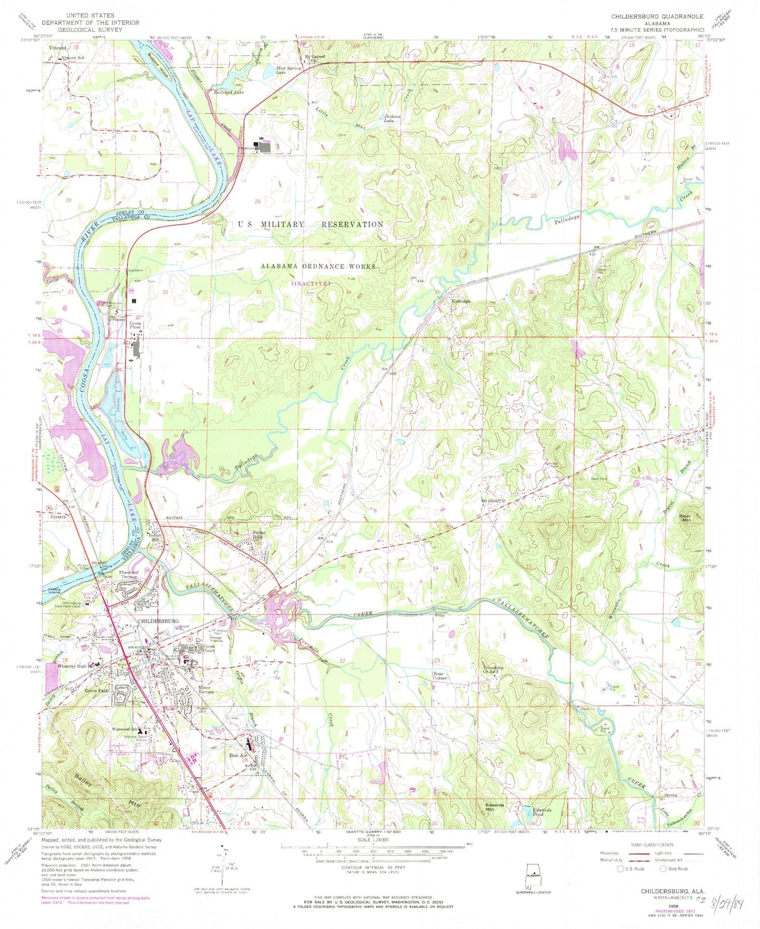 Classic USGS Childersburg Alabama 7.5'x7.5' Topo Map Image