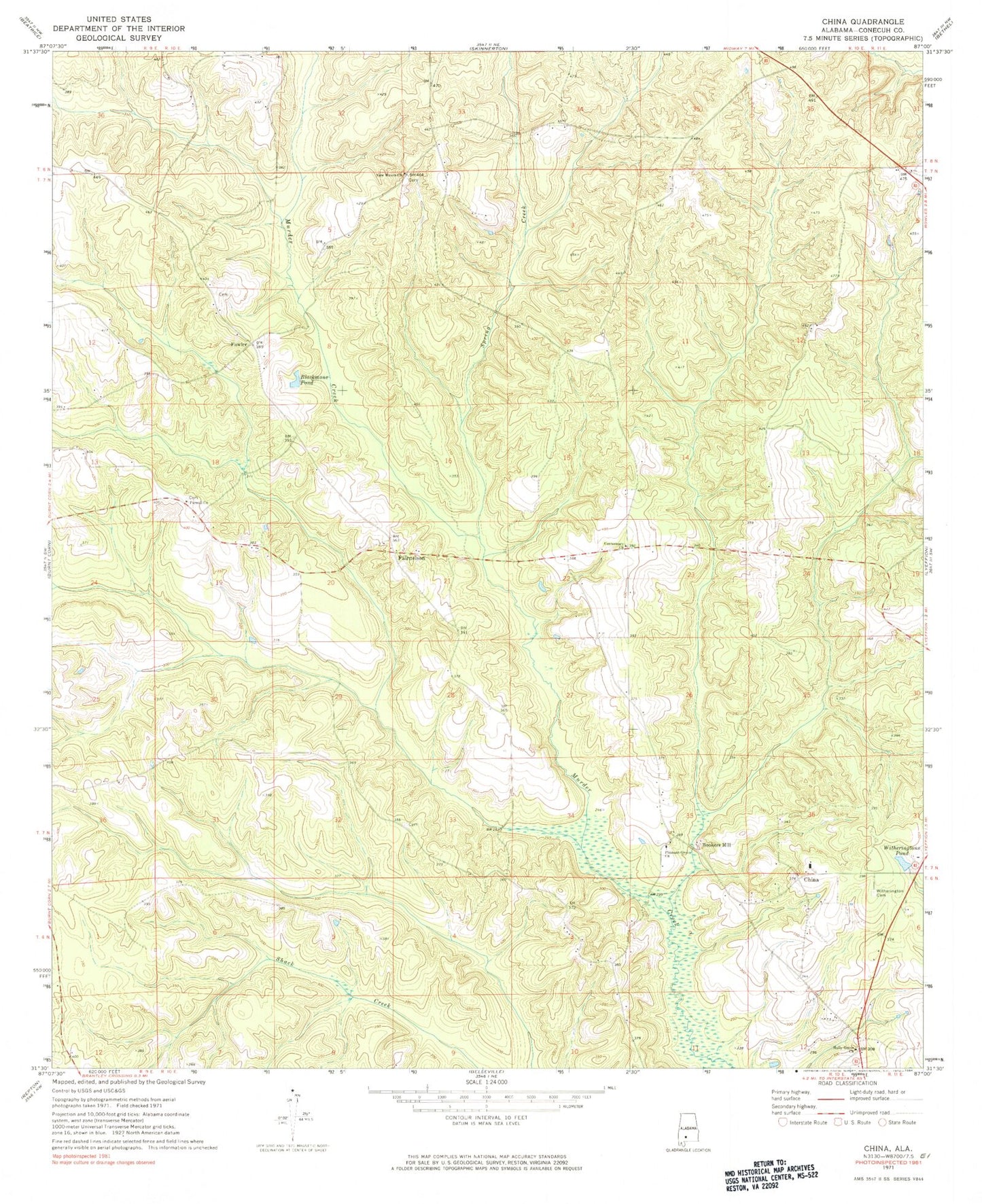 Classic USGS China Alabama 7.5'x7.5' Topo Map Image