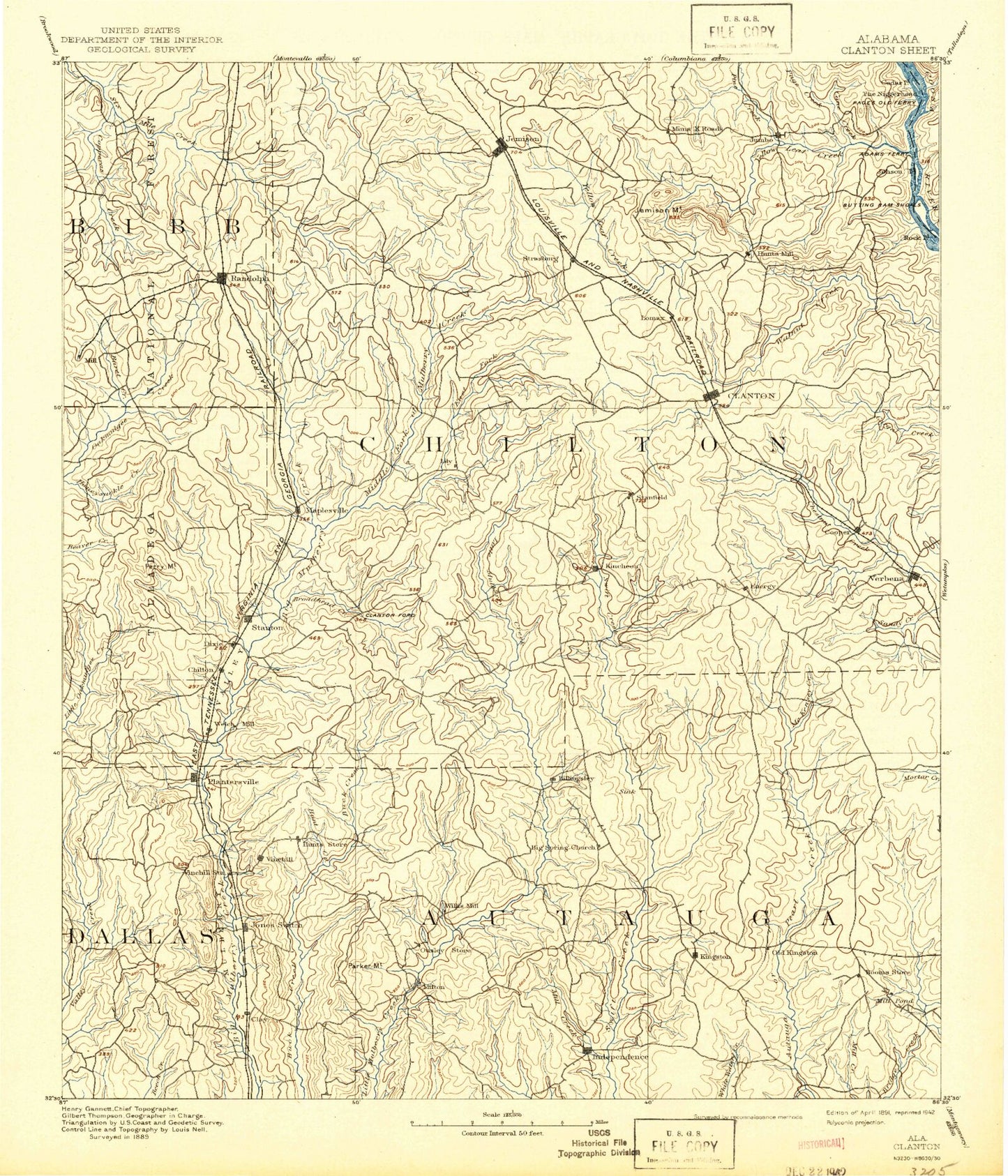 Historic 1891 Clanton Alabama 30'x30' Topo Map Image