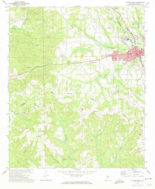 Classic USGS Clanton West Alabama 7.5'x7.5' Topo Map Image
