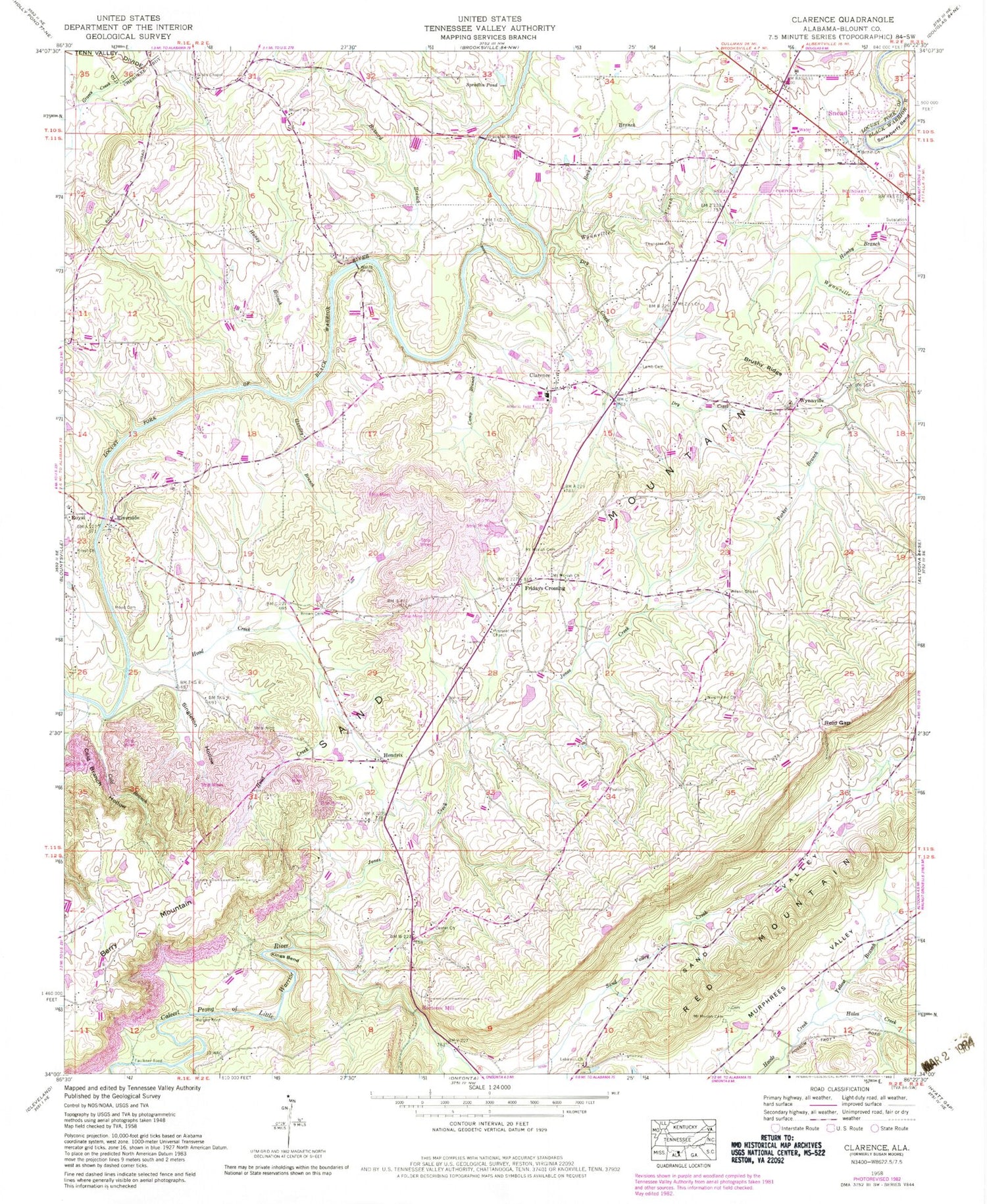 Classic USGS Clarence Alabama 7.5'x7.5' Topo Map Image