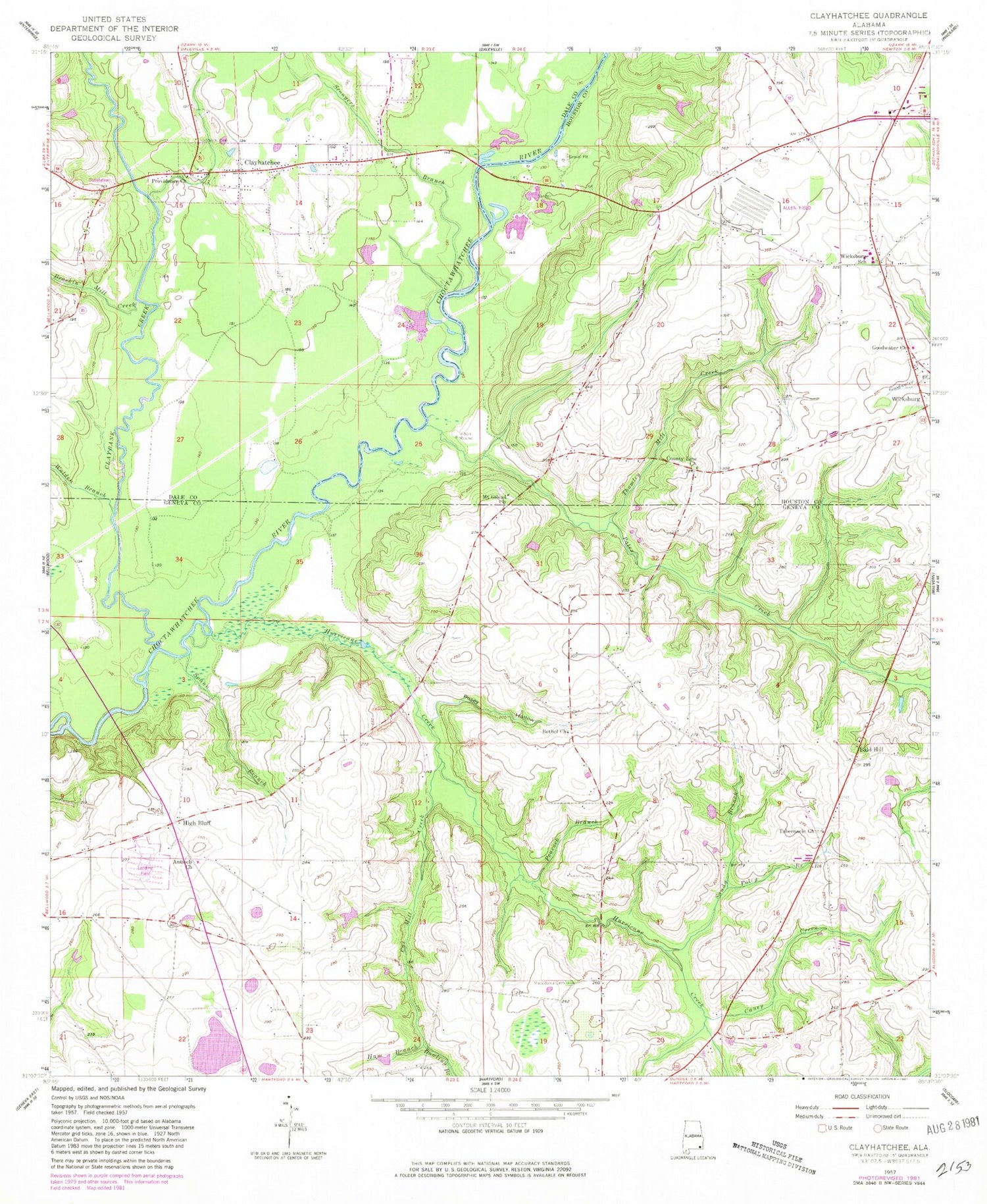 Classic USGS Clayhatchee Alabama 7.5'x7.5' Topo Map Image