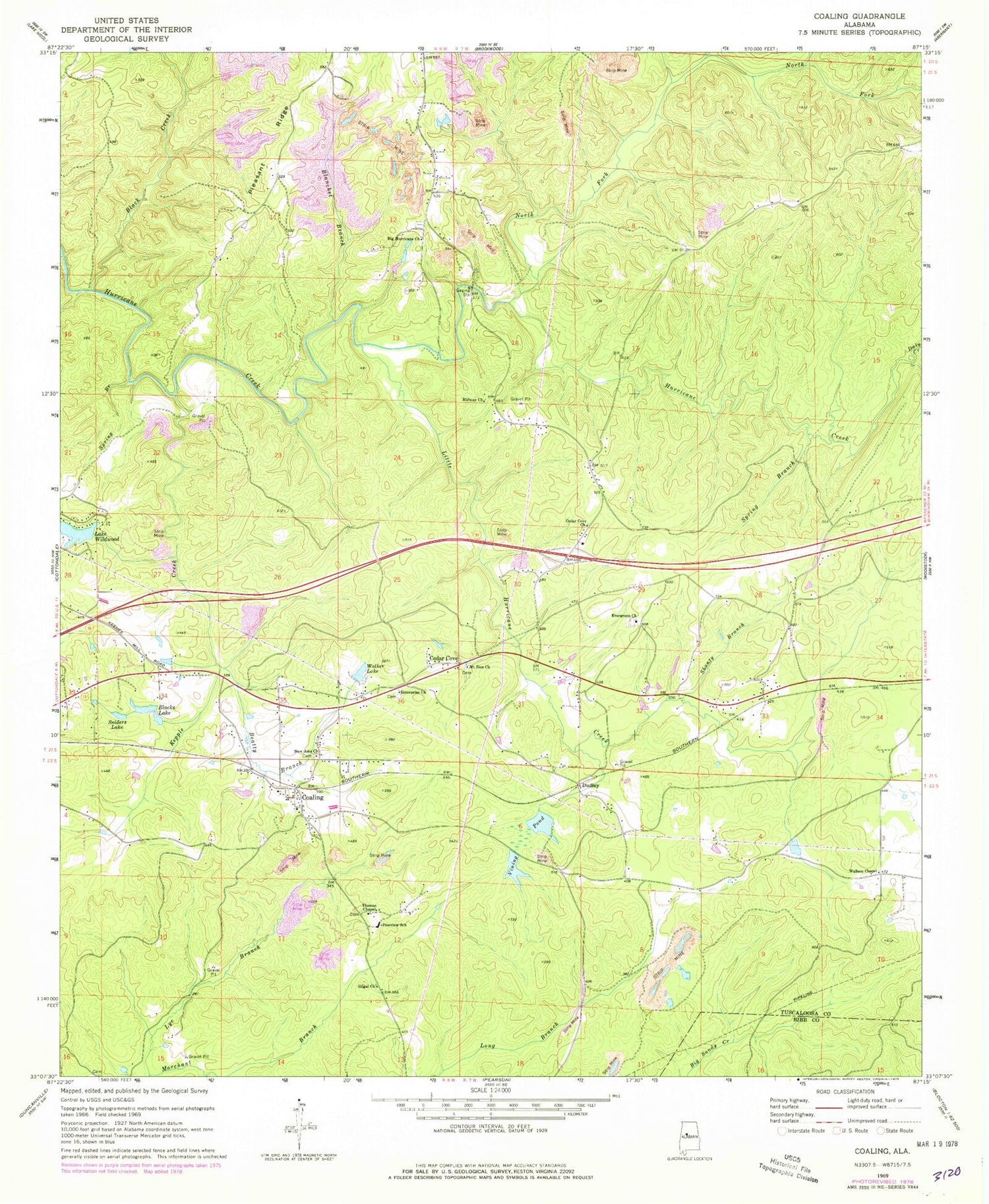 Classic USGS Coaling Alabama 7.5'x7.5' Topo Map Image