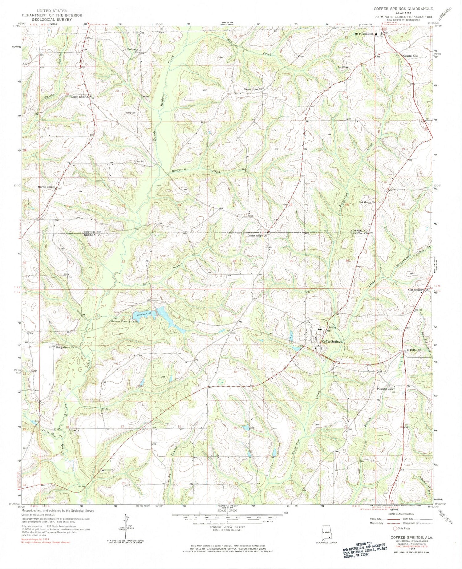 Classic USGS Coffee Springs Alabama 7.5'x7.5' Topo Map Image