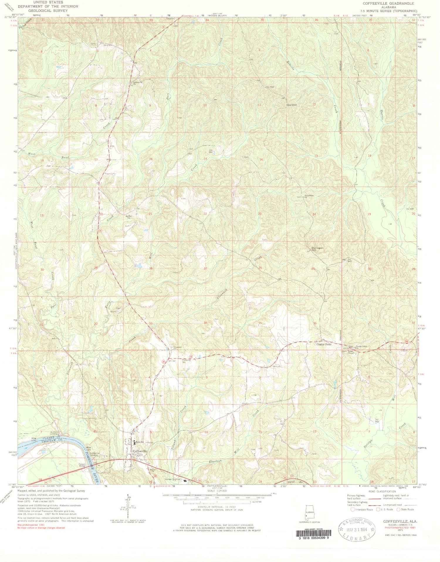 Classic USGS Coffeeville Alabama 7.5'x7.5' Topo Map Image