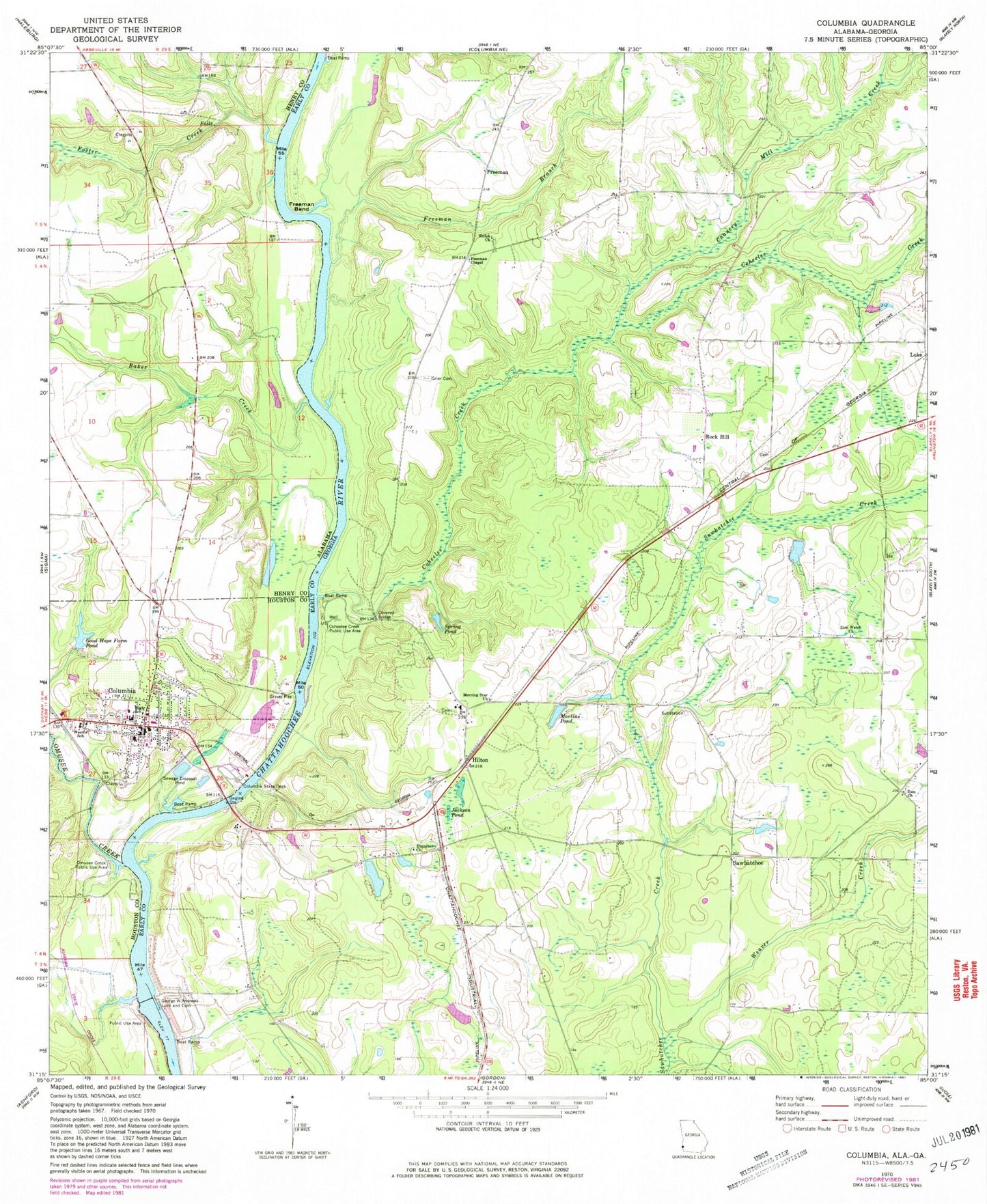 Classic USGS Columbia Alabama 7.5'x7.5' Topo Map Image