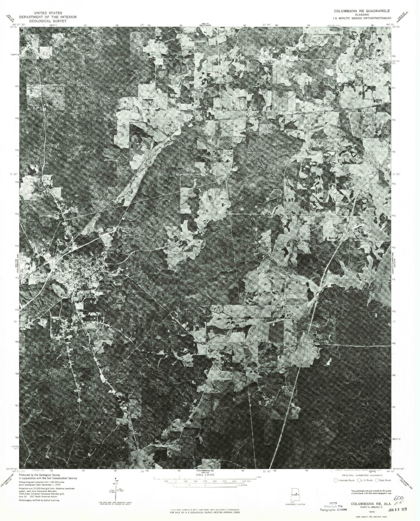 Classic USGS Columbiana Alabama 7.5'x7.5' Topo Map Image
