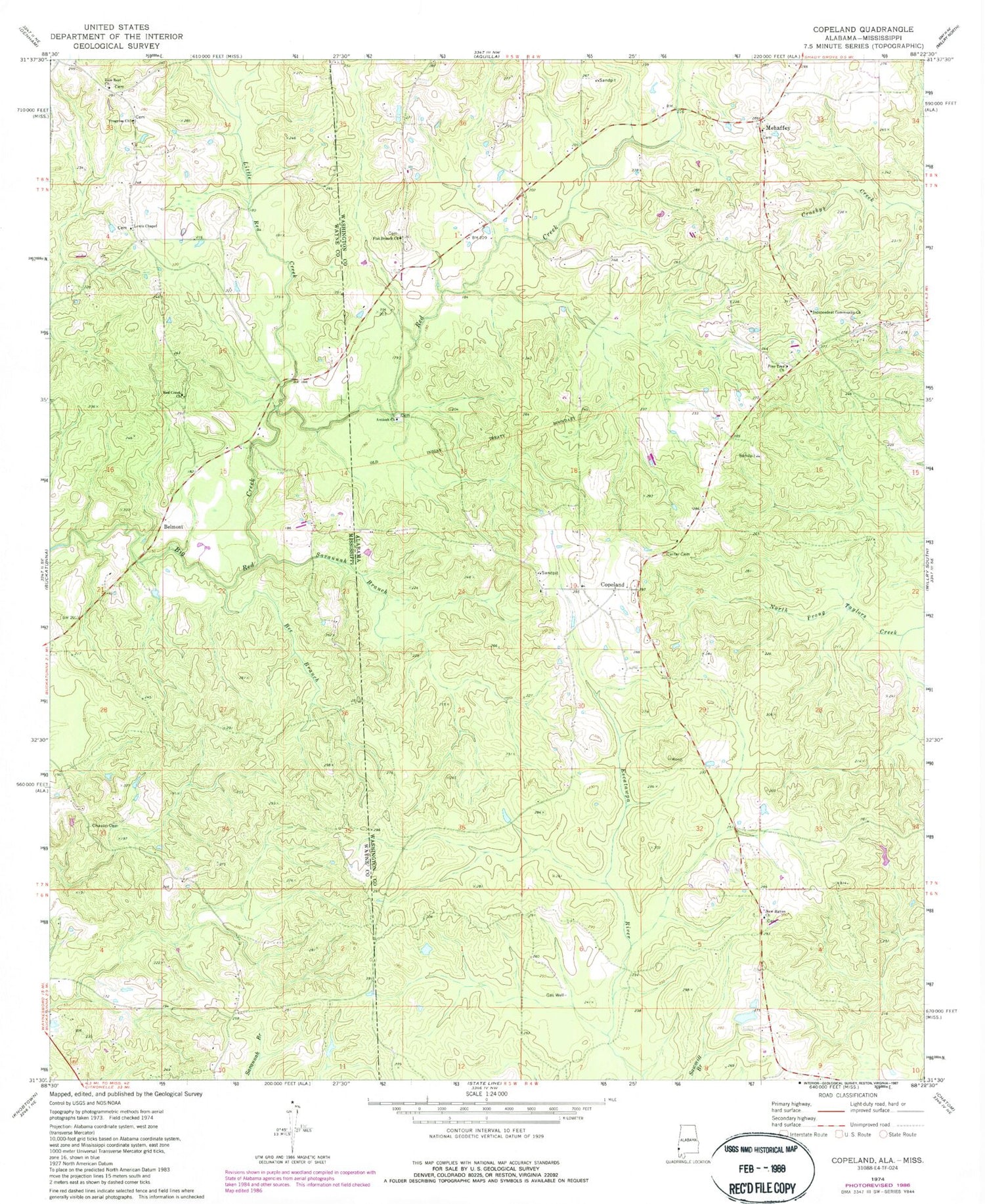 Classic USGS Copeland Alabama 7.5'x7.5' Topo Map Image