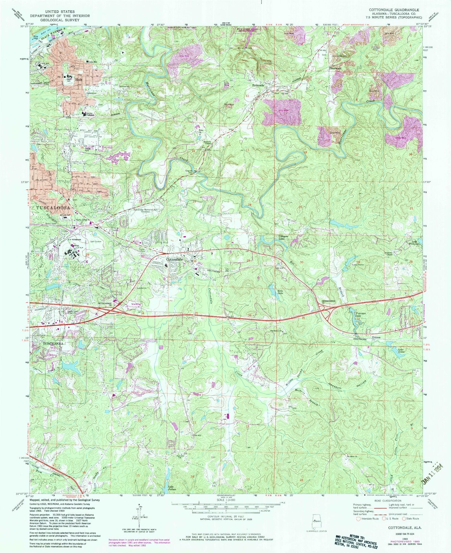 Classic USGS Cottondale Alabama 7.5'x7.5' Topo Map Image