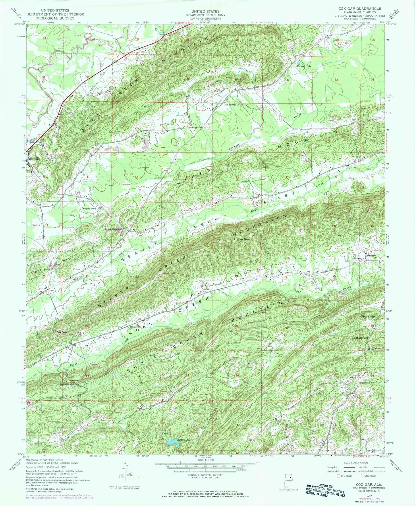 Classic USGS Cox Gap Alabama 7.5'x7.5' Topo Map Image