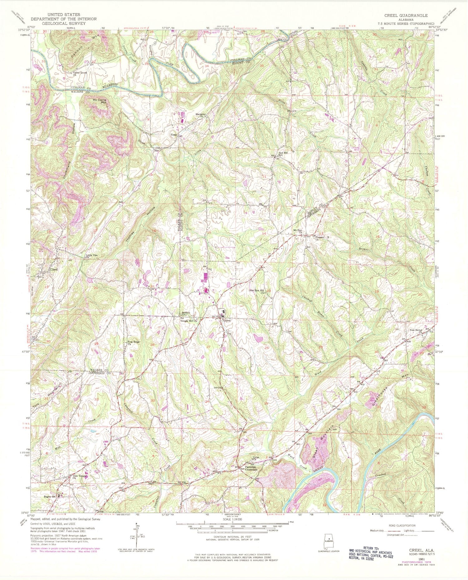 Classic USGS Creel Alabama 7.5'x7.5' Topo Map Image