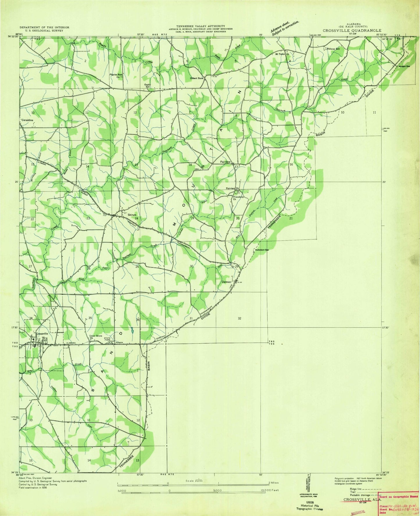 Classic USGS Crossville Alabama 7.5'x7.5' Topo Map Image