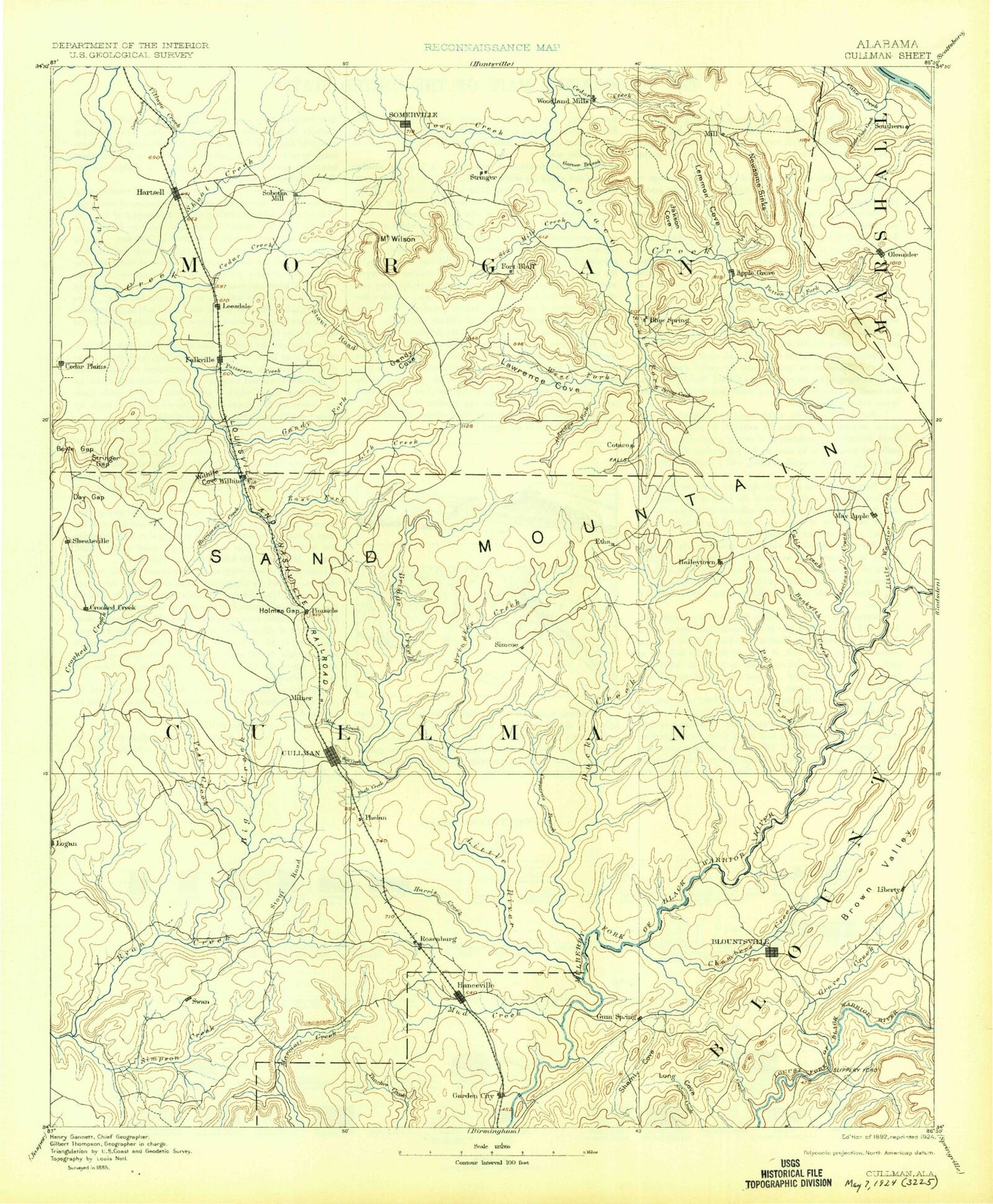Historic 1892 Cullman Alabama 30'x30' Topo Map Image