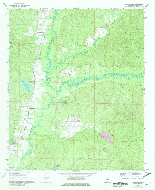 Classic USGS Cunningham Alabama 7.5'x7.5' Topo Map Image