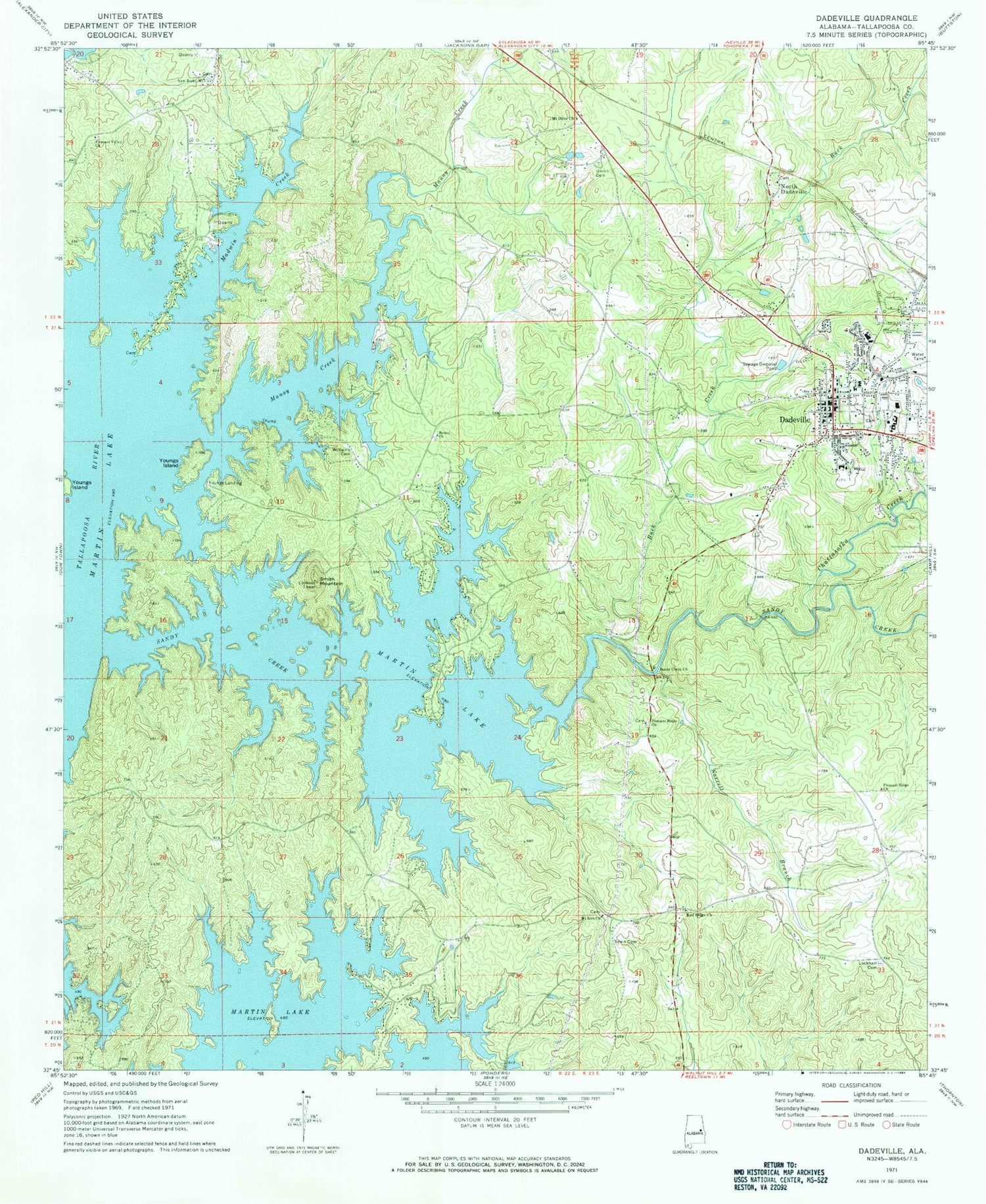 Classic USGS Dadeville Alabama 7.5'x7.5' Topo Map Image