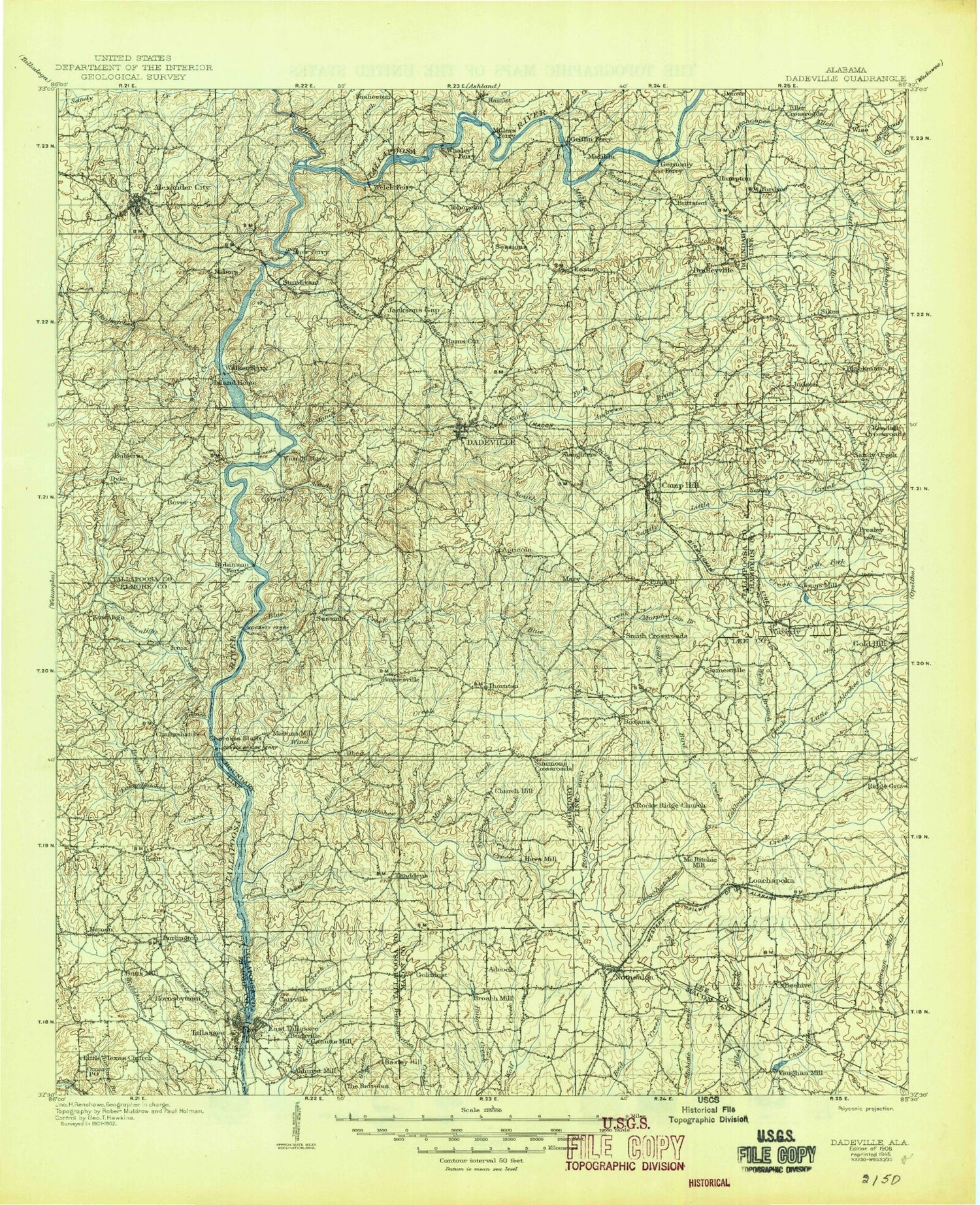Historic 1906 Dadeville Alabama 30'x30' Topo Map Image