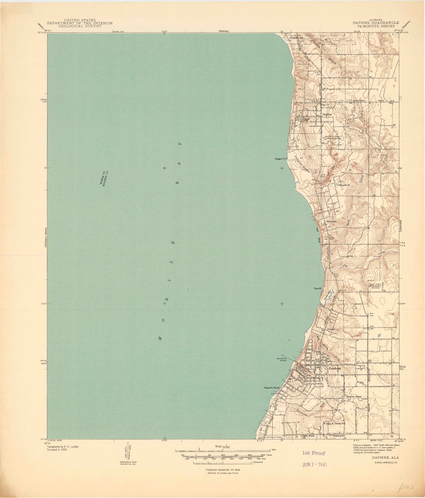 Classic USGS Daphne Alabama 7.5'x7.5' Topo Map Image