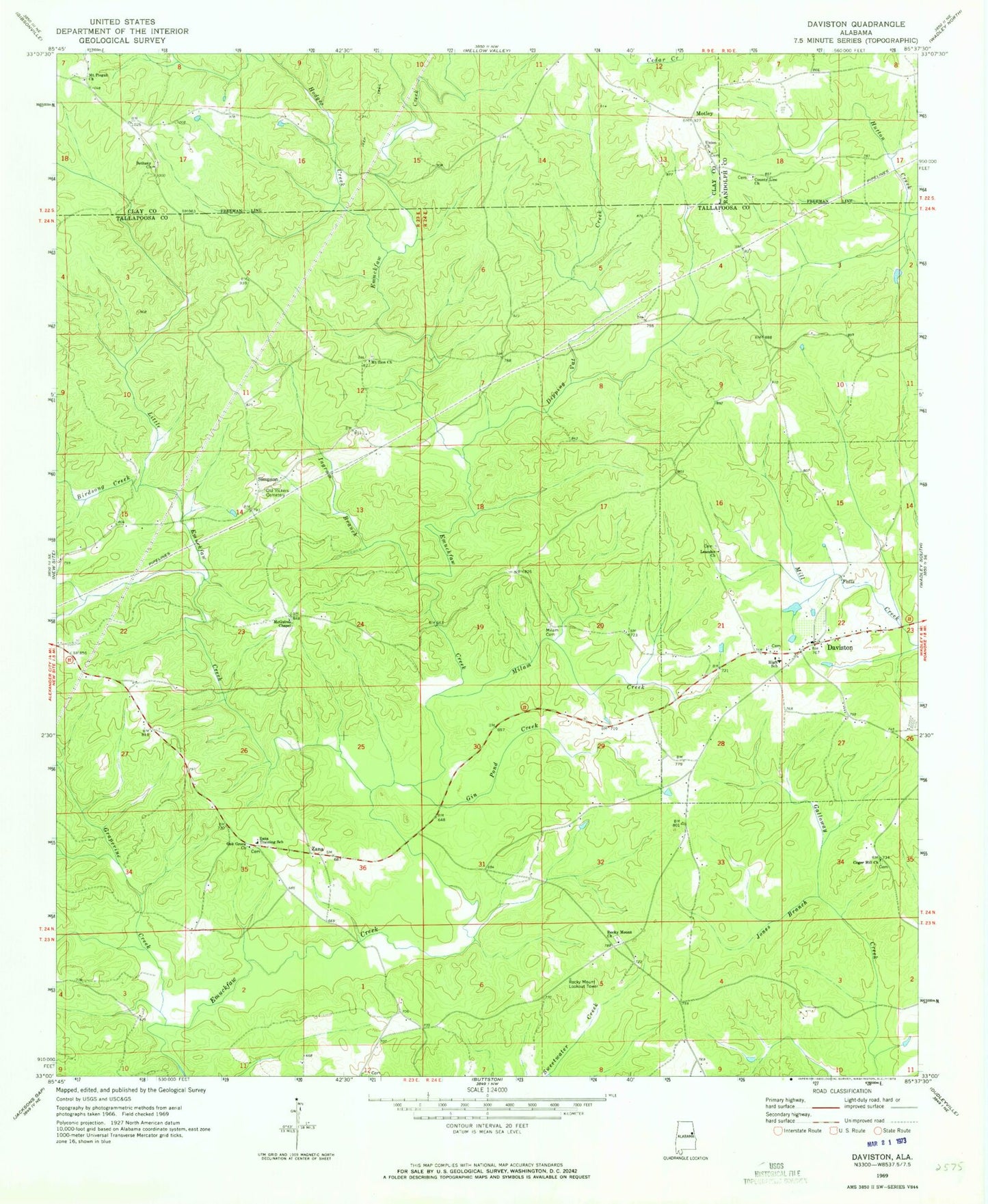 Classic USGS Daviston Alabama 7.5'x7.5' Topo Map Image