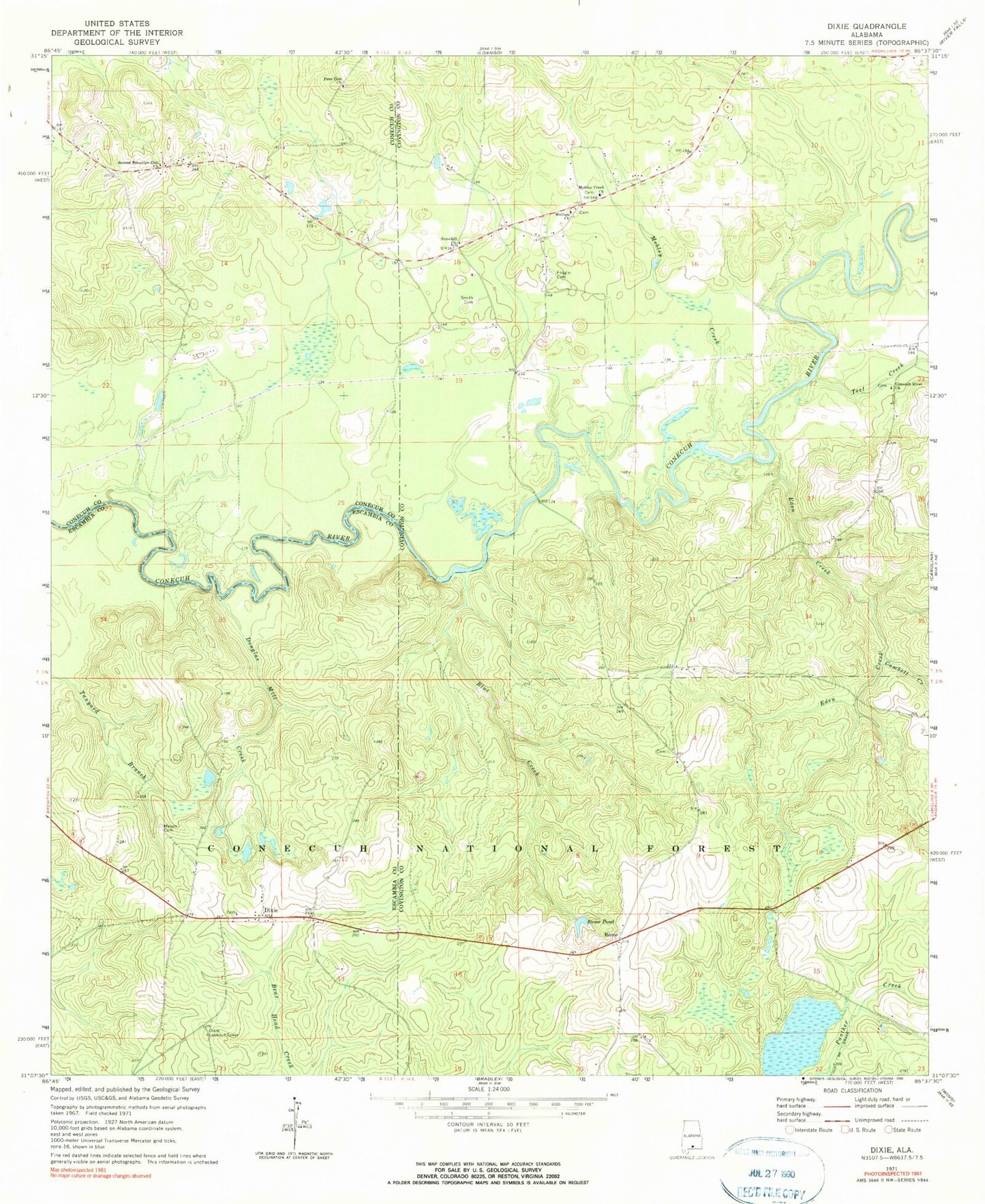 Classic USGS Dixie Alabama 7.5'x7.5' Topo Map Image