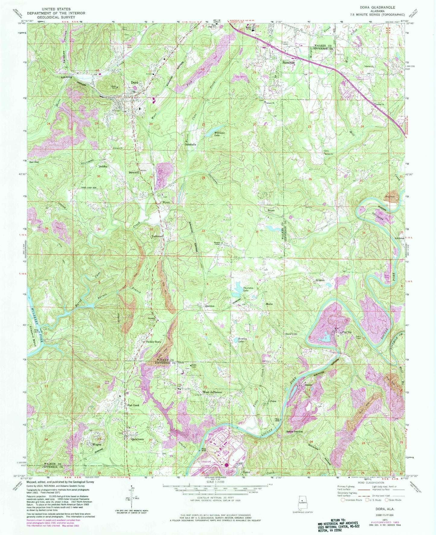 Classic USGS Dora Alabama 7.5'x7.5' Topo Map Image