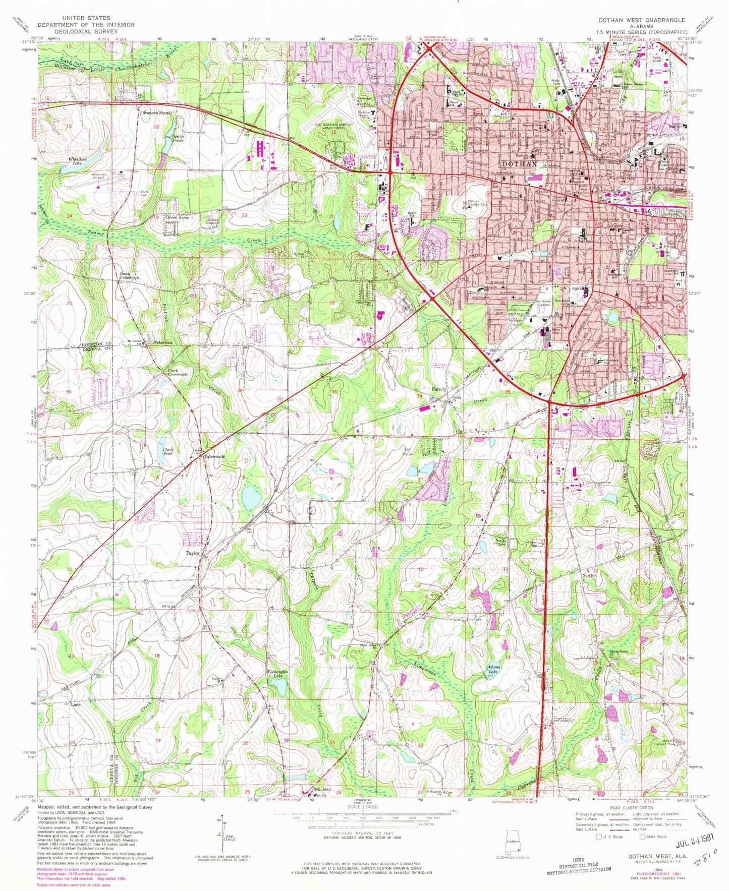 Classic USGS Dothan West Alabama 7.5'x7.5' Topo Map Image