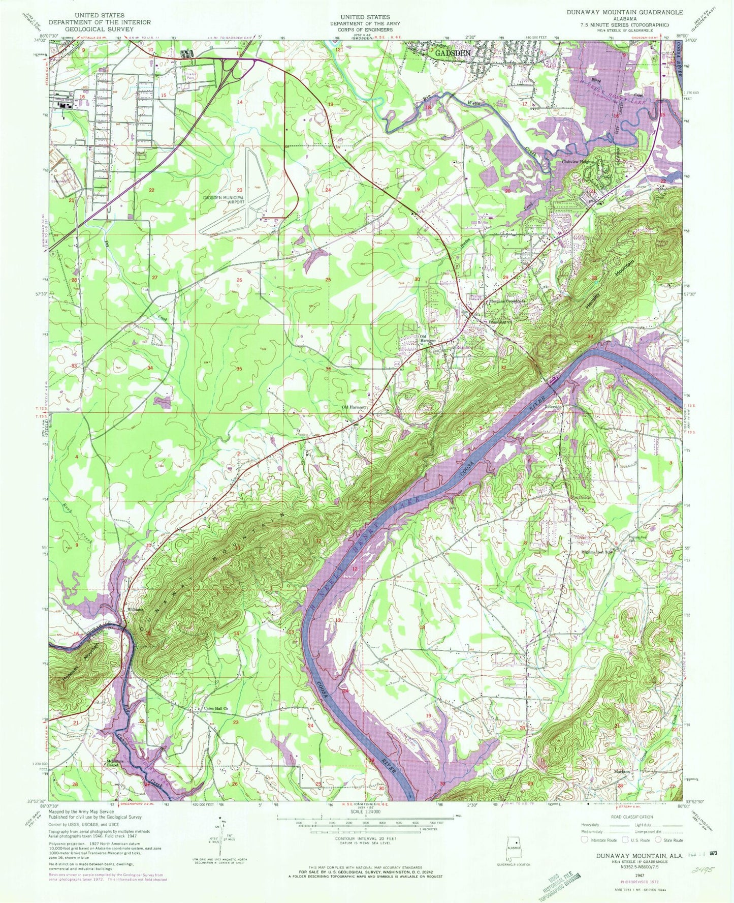 Classic USGS Dunaway Mountain Alabama 7.5'x7.5' Topo Map Image